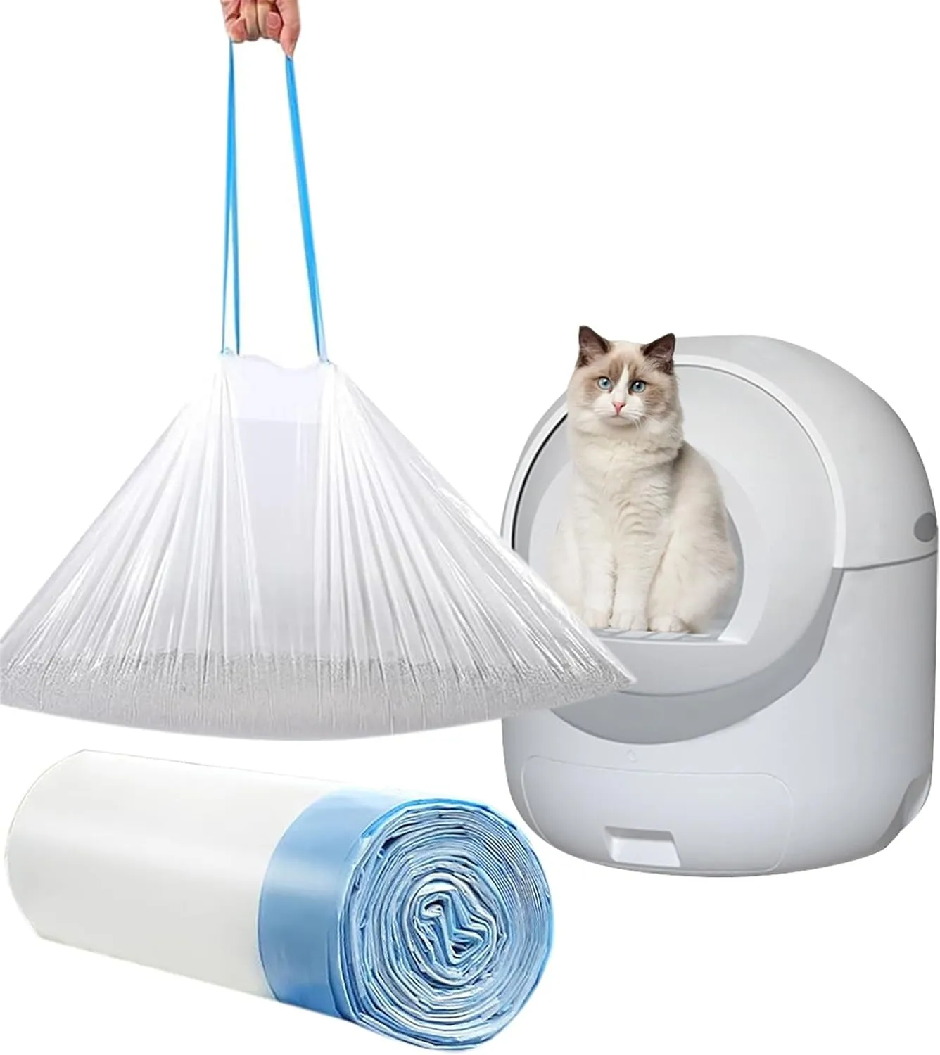 20 Count Cat Drawstring Litter Box Liners 26.6x16.7 inches 2Mils Super Thick for Self-Cleaning Litter Box Cat Litter Pan Trays (Blue Drawstring 20 count)