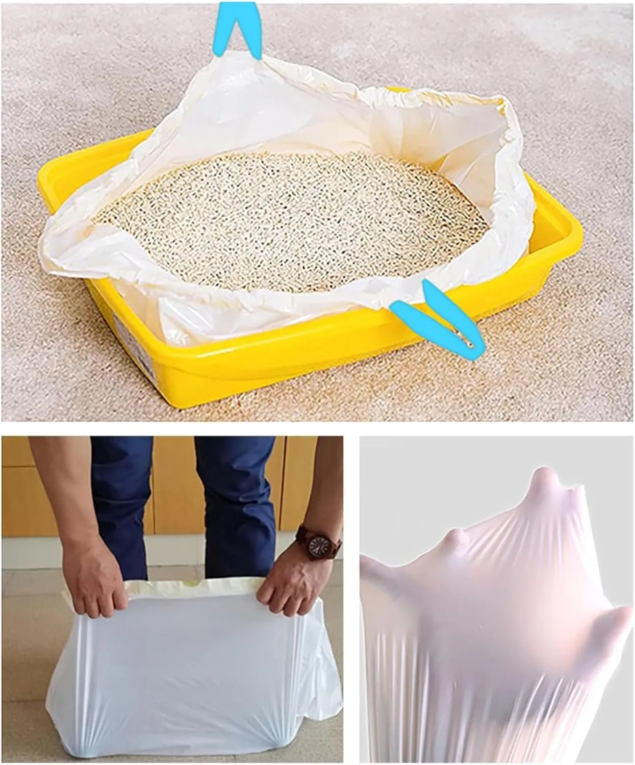 20 Count Cat Drawstring Litter Box Liners 26.6x16.7 inches 2Mils Super Thick for Self-Cleaning Litter Box Cat Litter Pan Trays (Blue Drawstring 20 count)
