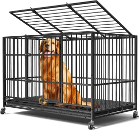 48"/38" Heavy Duty Dog Crates for Large Dogs, Upgraded 4 Lockable Wheels, Removable Door, Dog Kennel Indoor, Max Load 300Lbs, Easy to Clean, Removable Tray, XL Dog Cage for Large and Medium Dogs