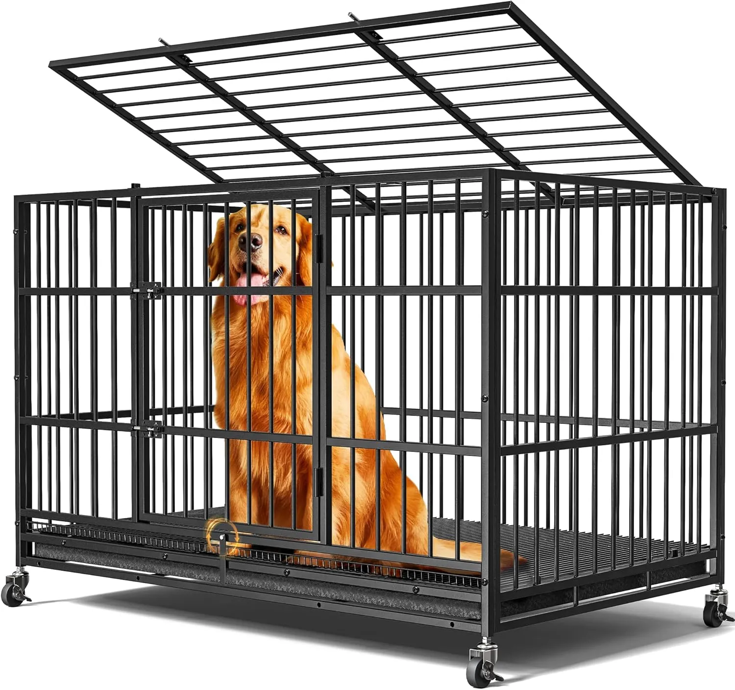 48"/38" Heavy Duty Dog Crates for Large Dogs, Upgraded 4 Lockable Wheels, Removable Door, Dog Kennel Indoor, Max Load 300Lbs, Easy to Clean, Removable Tray, XL Dog Cage for Large and Medium Dogs