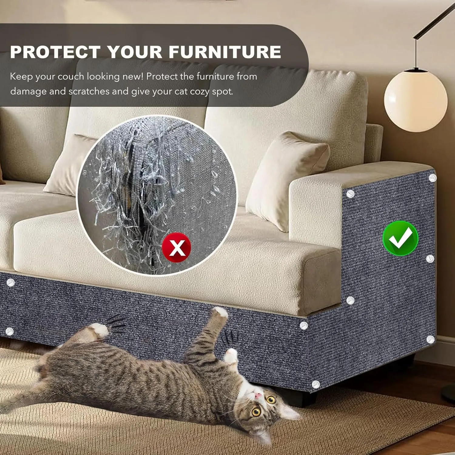 78.7"X15.8" Self-Adhesive Cat Scratching Mat - Durable Couch Protector from Cat Claws, DIY Furniture Protector for Couch, Sofa, Wall & Door - No Residue, Customizable, Safe for Cats (Grey)