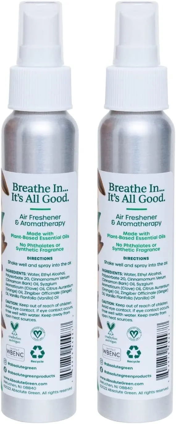 Air Freshener Room Spray, Non-Toxic, Cover Odors, Safe around Kids and Pets, Natural Ginger Spice Scent 4oz (Pack of 2)
