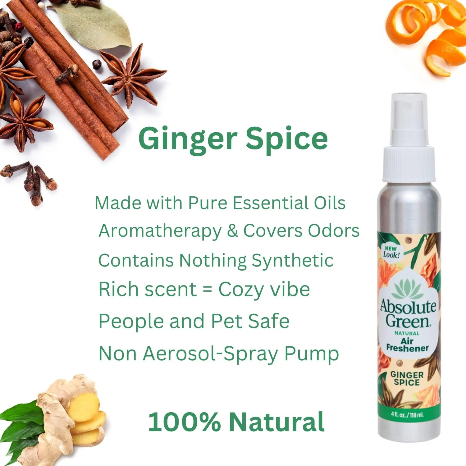 Air Freshener Room Spray, Non-Toxic, Cover Odors, Safe around Kids and Pets, Natural Ginger Spice Scent 4oz (Pack of 2)