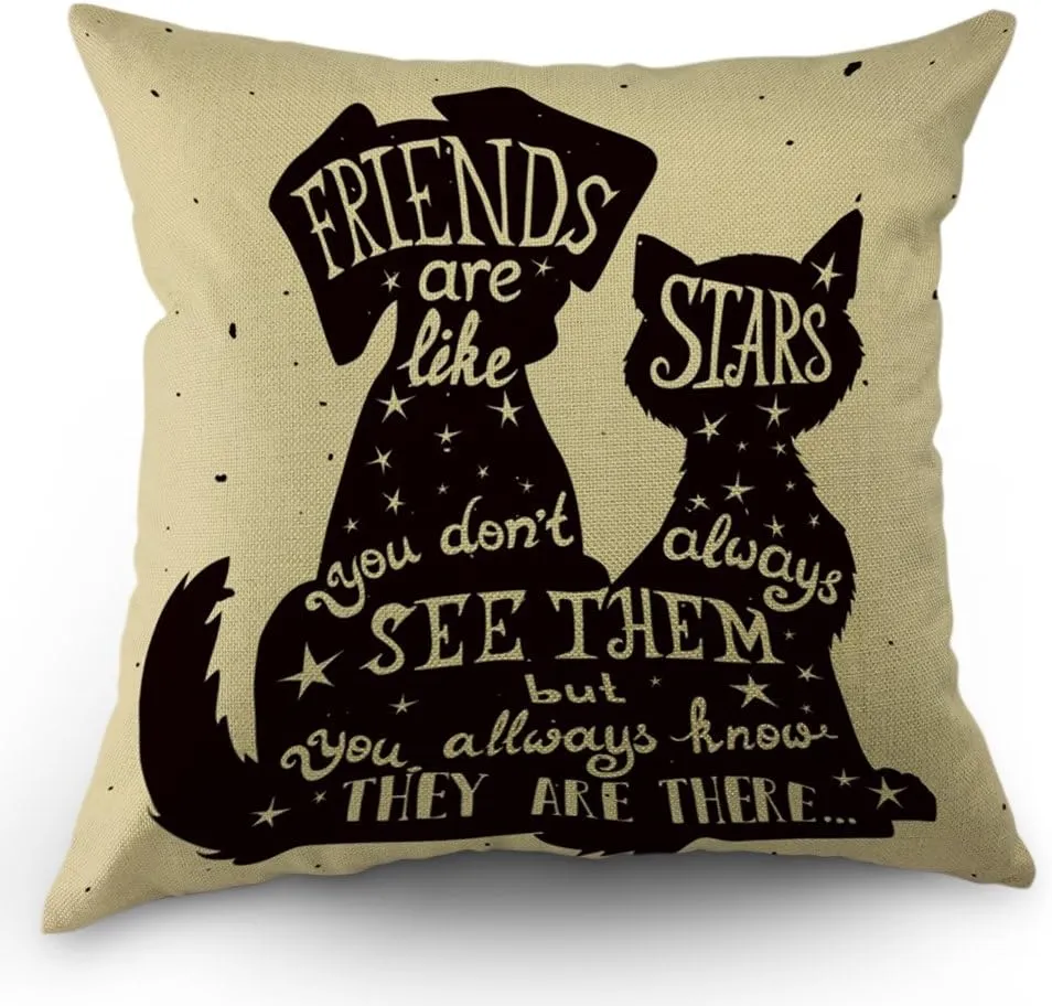 Best Friend Quote Pillow Cases Black Dog and Cat Inside Quote Friends are Like Stars Throw Pillow Covers 18" x 18" Inch Cotton Linen Cushion Cover for Men Women Black White