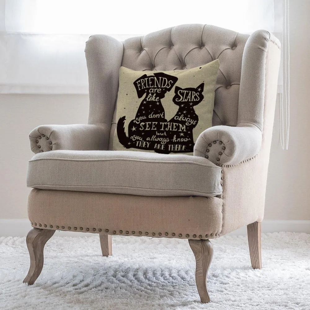 Best Friend Quote Pillow Cases Black Dog and Cat Inside Quote Friends are Like Stars Throw Pillow Covers 18" x 18" Inch Cotton Linen Cushion Cover for Men Women Black White