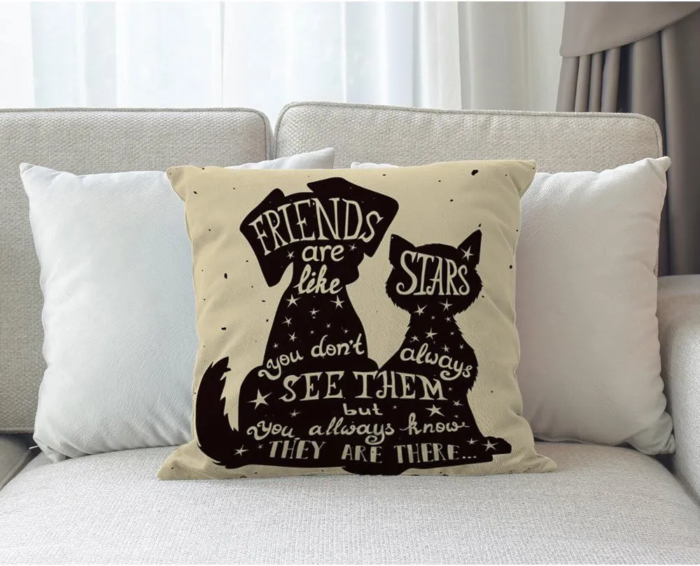 Best Friend Quote Pillow Cases Black Dog and Cat Inside Quote Friends are Like Stars Throw Pillow Covers 18" x 18" Inch Cotton Linen Cushion Cover for Men Women Black White