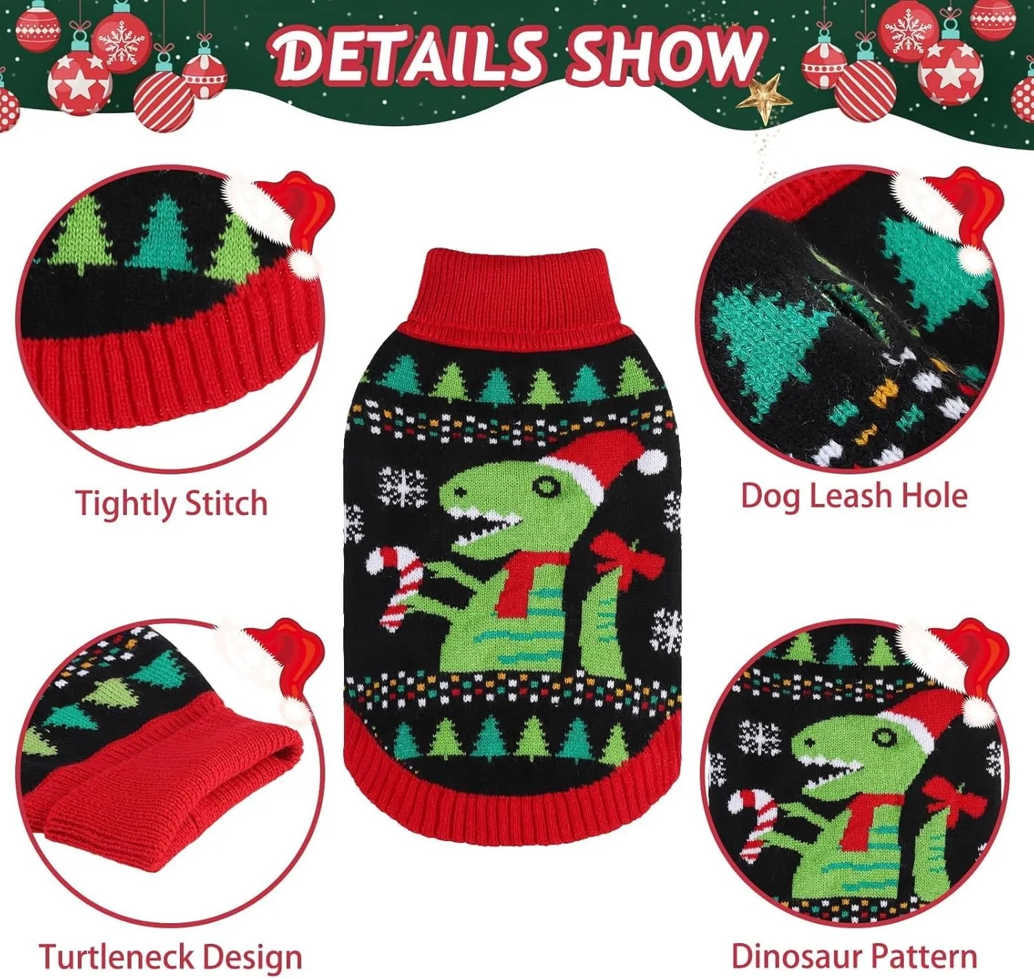 BINGPET Knit Puppy Dog Sweater,Dinosaur Pattern Holiday Turtleneck Sweaters for Small Medium Large Dogs,Pet Winter Clothes Warm Sweatshirts Outfits for Dogs and Large Cats