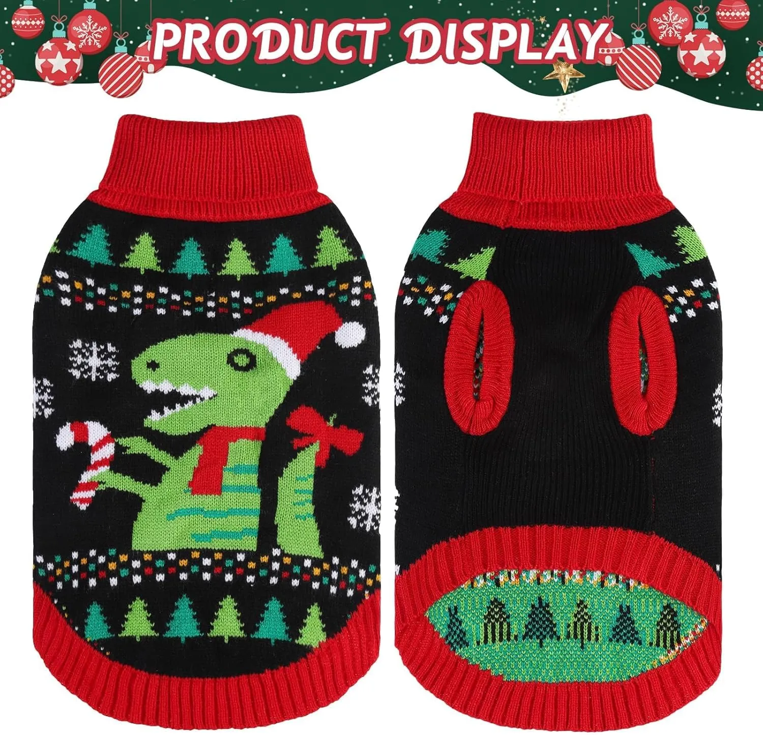 BINGPET Knit Puppy Dog Sweater,Dinosaur Pattern Holiday Turtleneck Sweaters for Small Medium Large Dogs,Pet Winter Clothes Warm Sweatshirts Outfits for Dogs and Large Cats