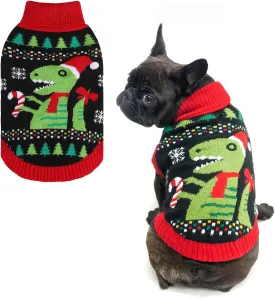 BINGPET Knit Puppy Dog Sweater,Dinosaur Pattern Holiday Turtleneck Sweaters for Small Medium Large Dogs,Pet Winter Clothes Warm Sweatshirts Outfits for Dogs and Large Cats