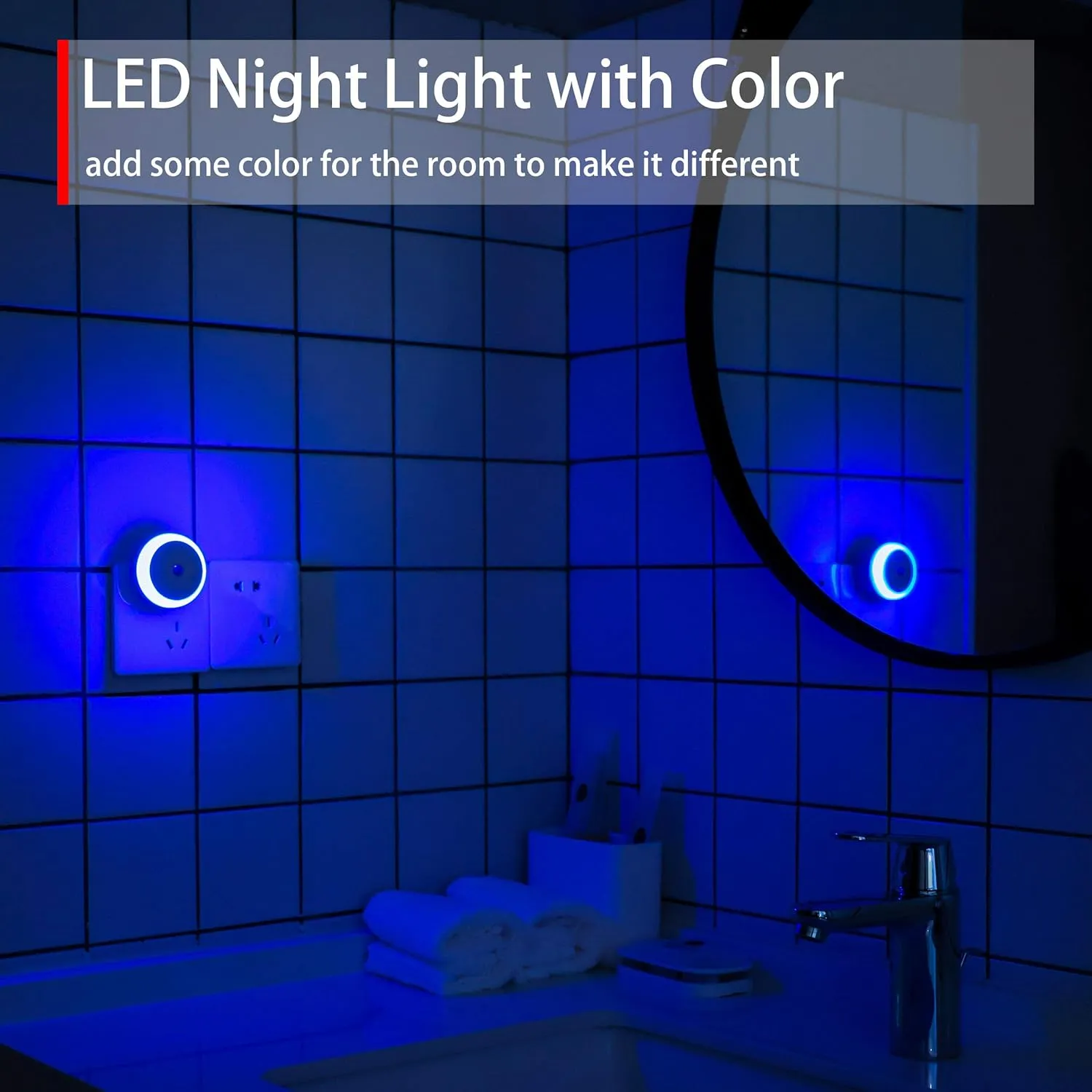 Blue LED Night Light, Plug in, Dusk to Dawn Smart Sensor, Small Round Nightlight, Energy Saving, Night light Plug into Wall for Bathroom, Kitchen, Bedroom, Hallway, Stairway, Travel, 2 Pack