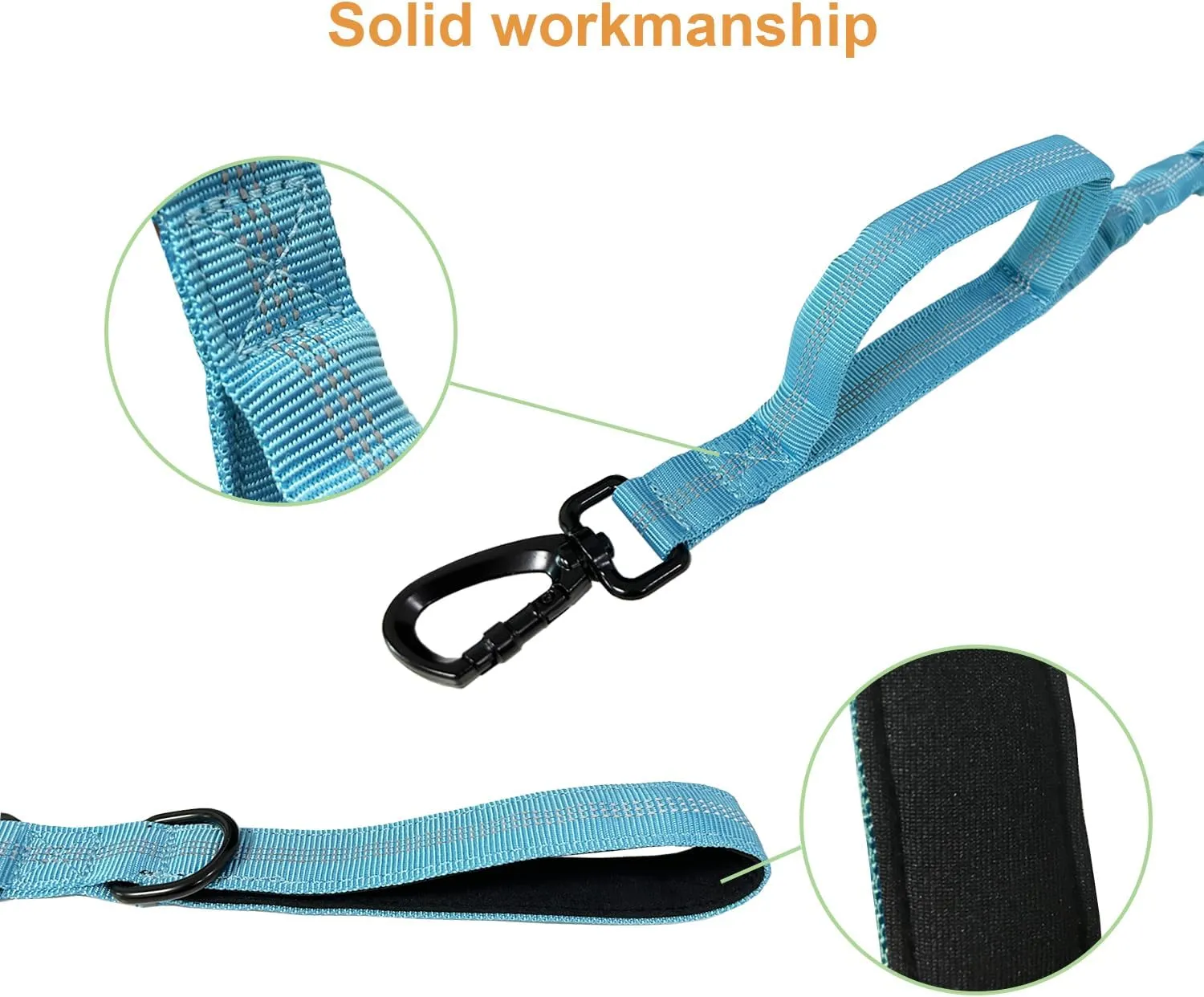 Bungee Dog Leash With Waste Bag Dispenser, No Pull Tactical Leash for Shock Absorption, 2 Control Handles, Car Seat Belt Clip and Highly Reflective Threads (Blue, MAX: 4.5FT)