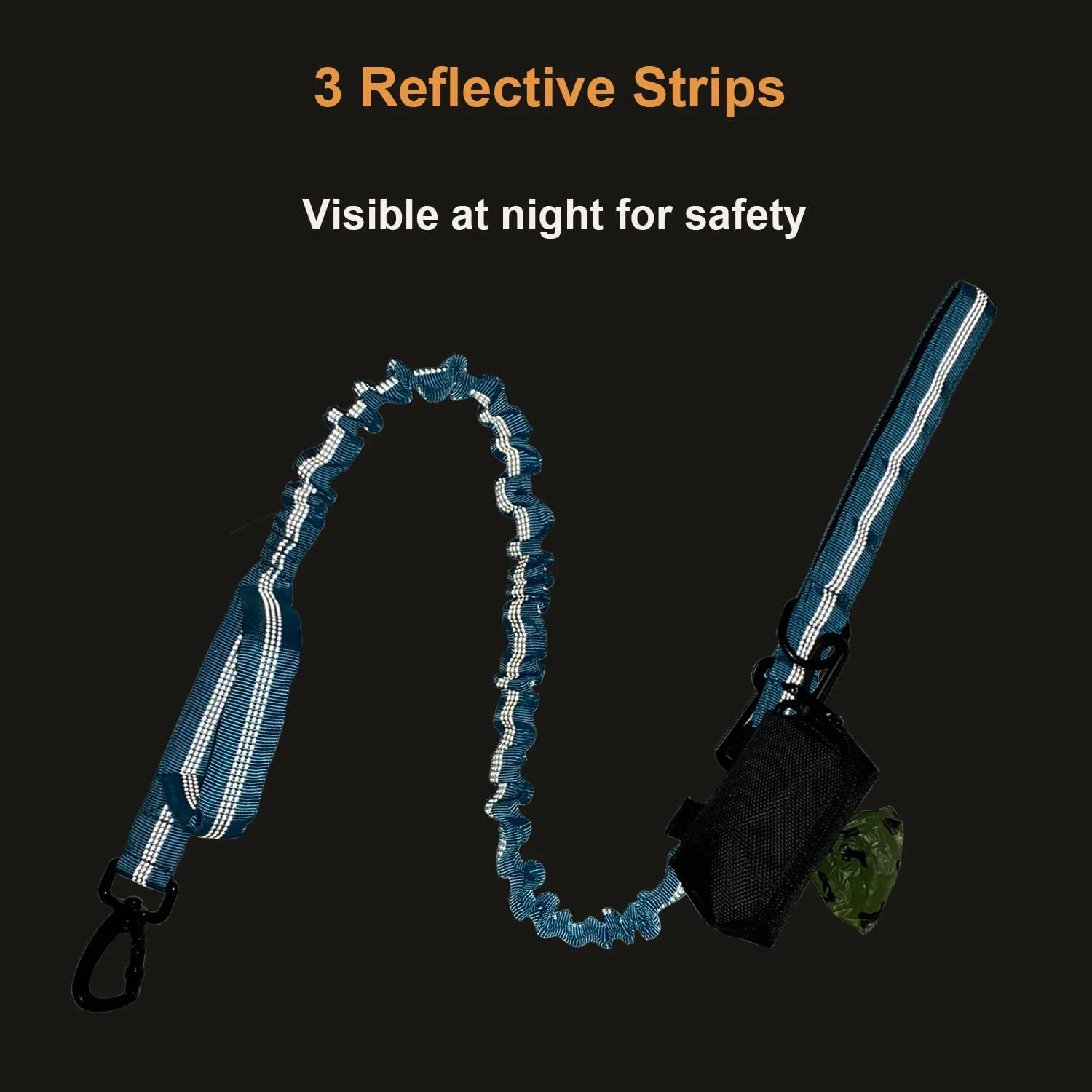 Bungee Dog Leash With Waste Bag Dispenser, No Pull Tactical Leash for Shock Absorption, 2 Control Handles, Car Seat Belt Clip and Highly Reflective Threads (Blue, MAX: 4.5FT)