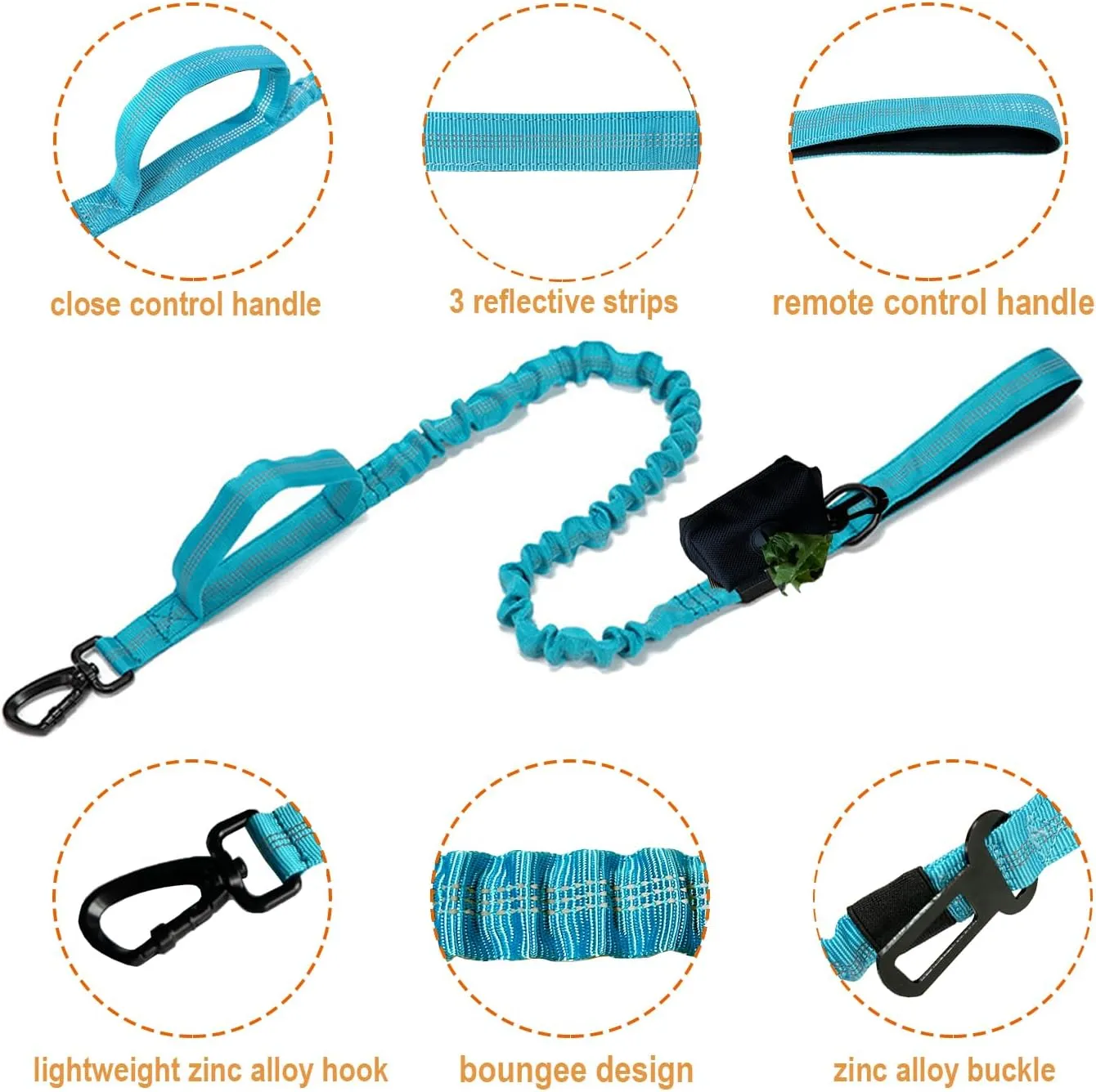 Bungee Dog Leash With Waste Bag Dispenser, No Pull Tactical Leash for Shock Absorption, 2 Control Handles, Car Seat Belt Clip and Highly Reflective Threads (Blue, MAX: 4.5FT)