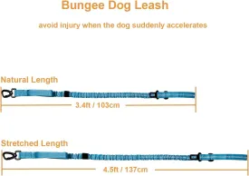 Bungee Dog Leash With Waste Bag Dispenser, No Pull Tactical Leash for Shock Absorption, 2 Control Handles, Car Seat Belt Clip and Highly Reflective Threads (Blue, MAX: 4.5FT)