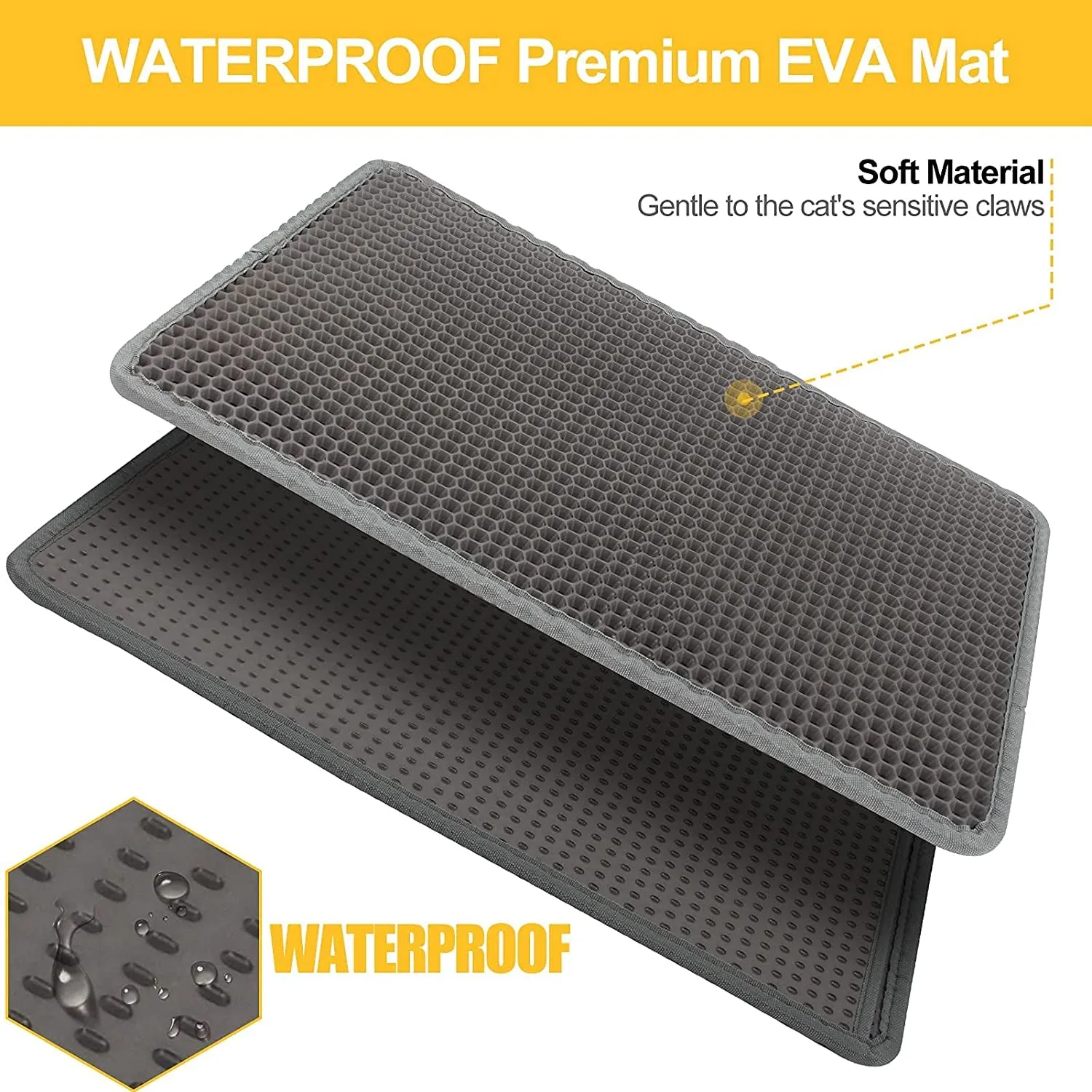 Cat Litter Mat Grey Trapping for Litter Box, XL Jumbo 30 X 24 In, Urine & Waterproof, Honeycomb Double Layer anti Tracking Kitty Mats, No Phthalate, Washable Easy Clean, Scatter Control