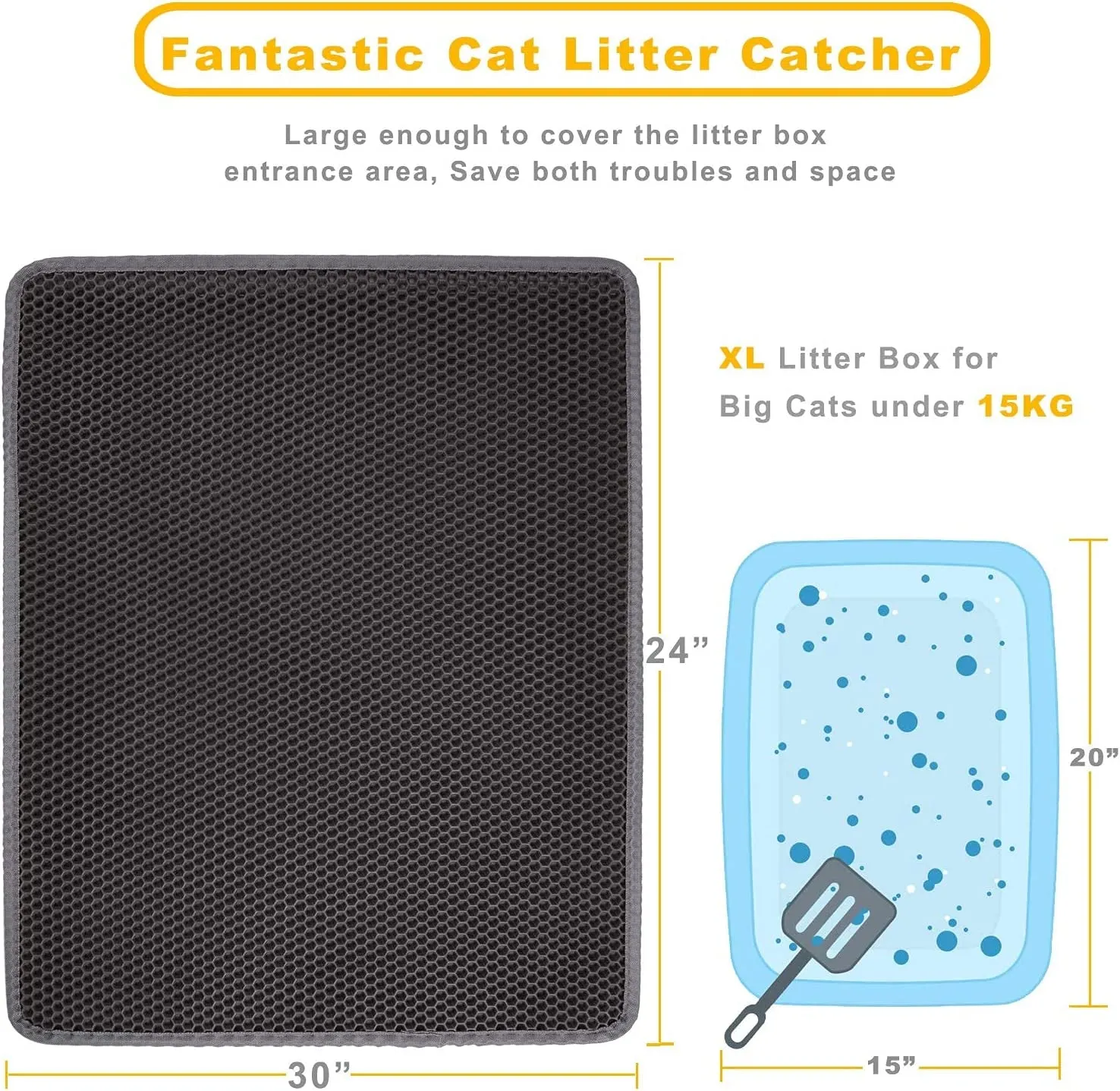 Cat Litter Mat Grey Trapping for Litter Box, XL Jumbo 30 X 24 In, Urine & Waterproof, Honeycomb Double Layer anti Tracking Kitty Mats, No Phthalate, Washable Easy Clean, Scatter Control