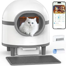 Cat Litter Pans, Self Cleaning Litter Box, Large Capacity Smart Litter Box for Multiple Cats with Litter Mat, App Control, Double Odor Removal (Grey White)