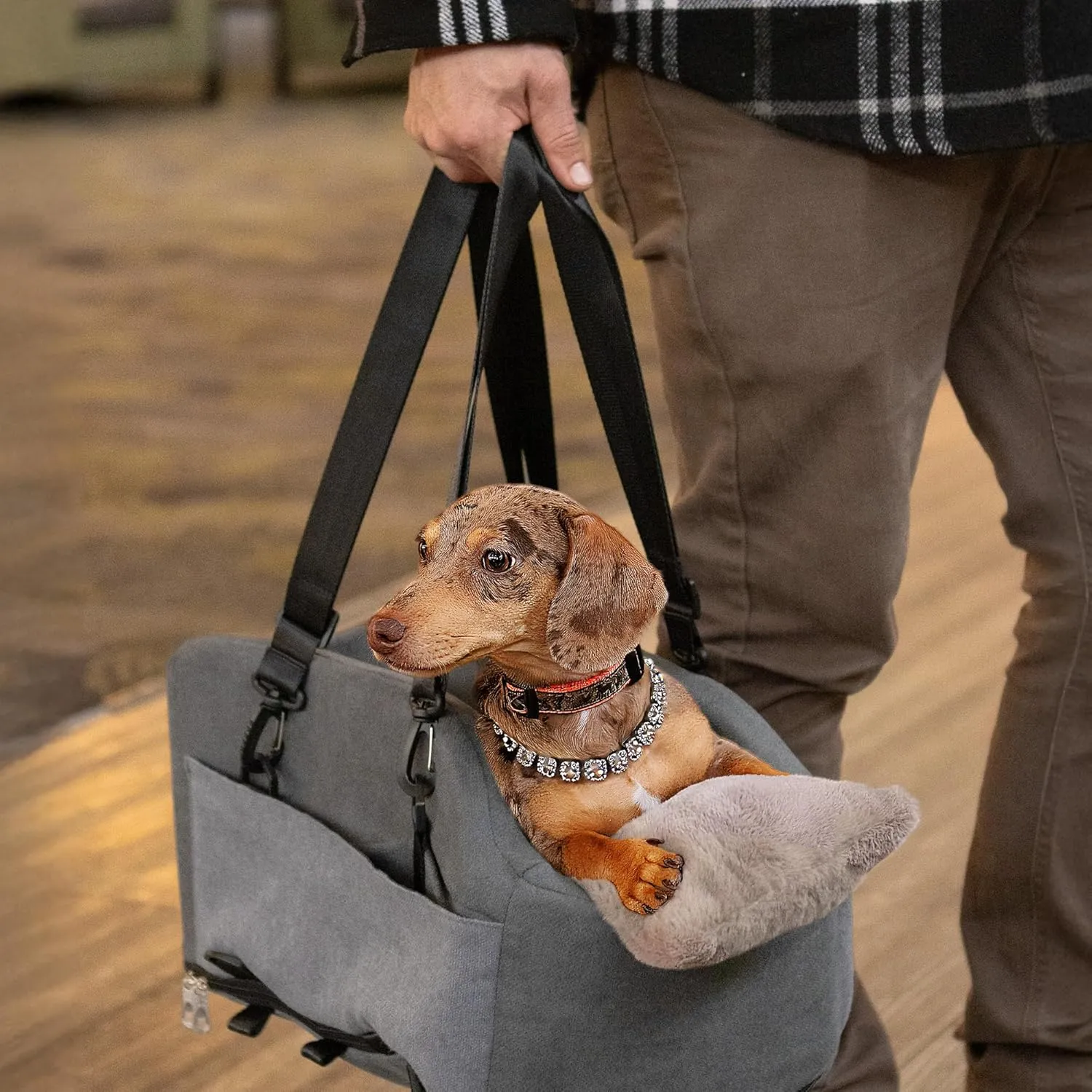 Center Console Dog Car Seat - Safety Straps & Leash - Sturdy Foam and Plush Pillows - Adjustable Mount Design - Large Storage Pockets for Accessories - Perfect for Small Pets & Cats (Grey)