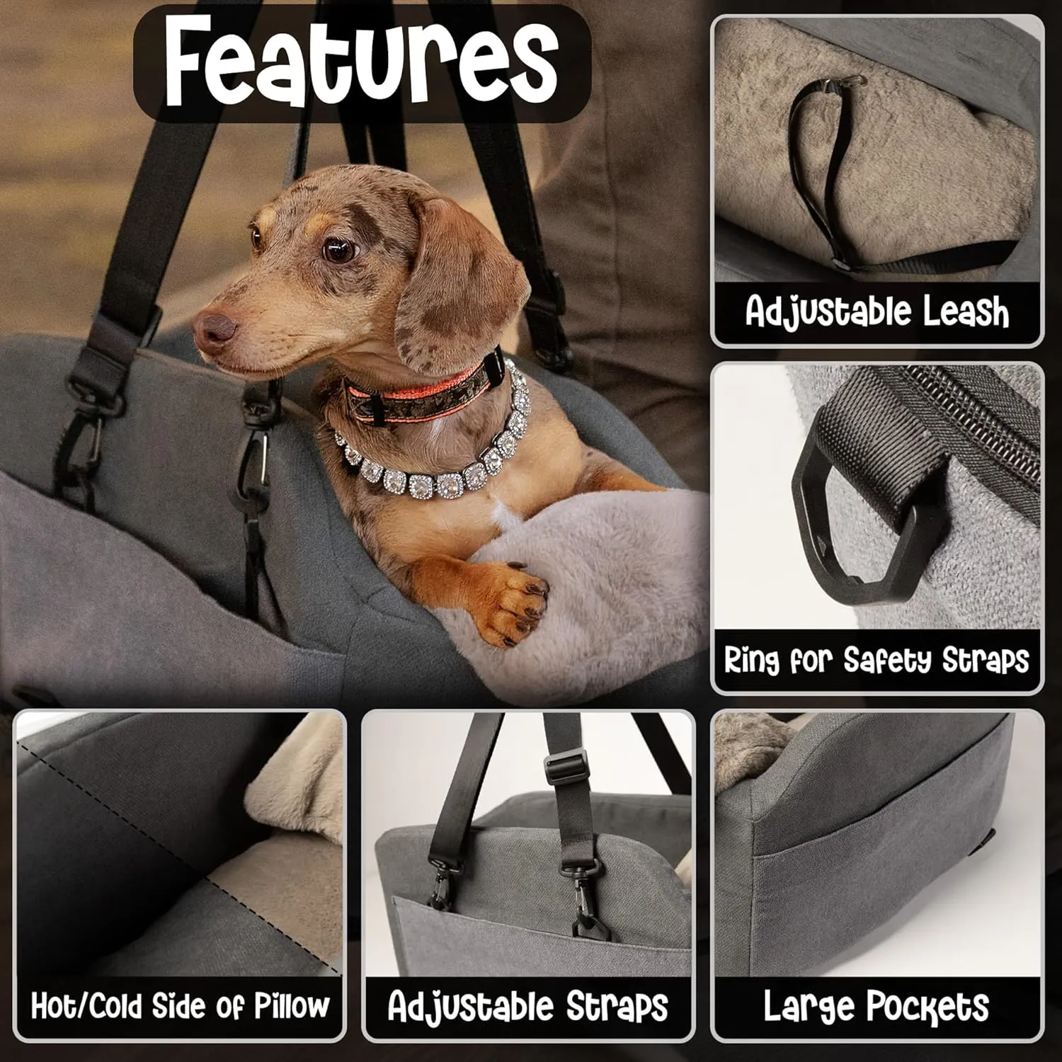Center Console Dog Car Seat - Safety Straps & Leash - Sturdy Foam and Plush Pillows - Adjustable Mount Design - Large Storage Pockets for Accessories - Perfect for Small Pets & Cats (Grey)