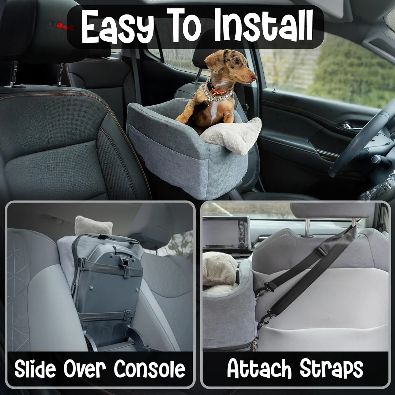 Center Console Dog Car Seat - Safety Straps & Leash - Sturdy Foam and Plush Pillows - Adjustable Mount Design - Large Storage Pockets for Accessories - Perfect for Small Pets & Cats (Grey)