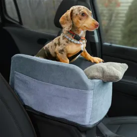 Center Console Dog Car Seat - Safety Straps & Leash - Sturdy Foam and Plush Pillows - Adjustable Mount Design - Large Storage Pockets for Accessories - Perfect for Small Pets & Cats (Grey)