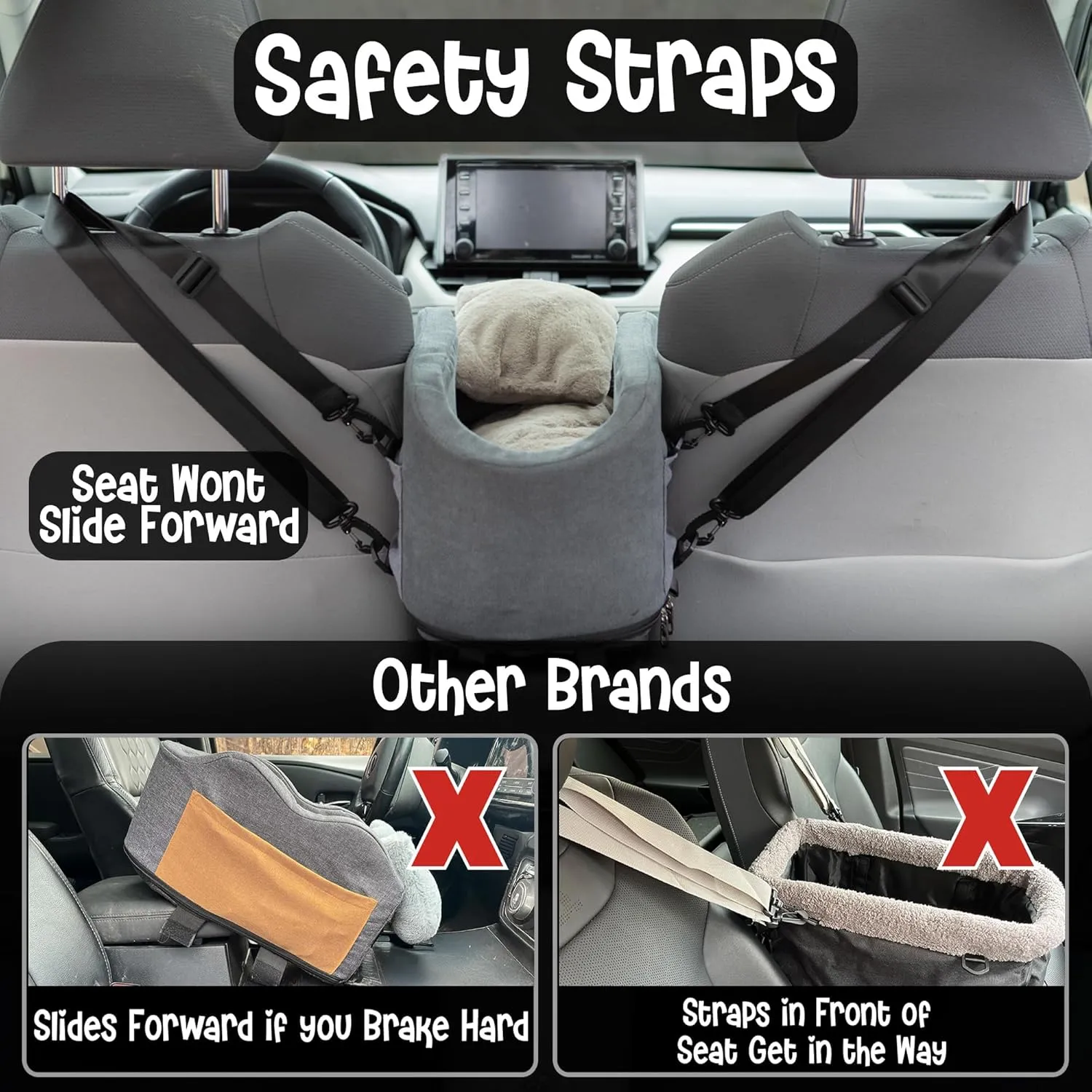 Center Console Dog Car Seat - Safety Straps & Leash - Sturdy Foam and Plush Pillows - Adjustable Mount Design - Large Storage Pockets for Accessories - Perfect for Small Pets & Cats (Grey)