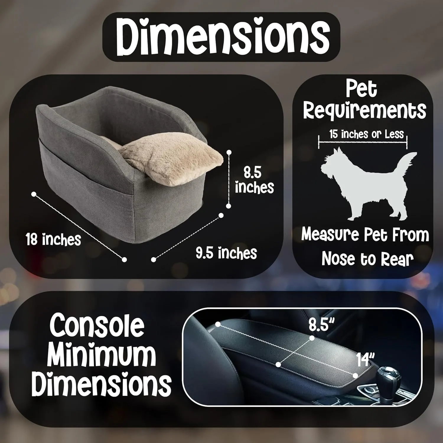 Center Console Dog Car Seat - Safety Straps & Leash - Sturdy Foam and Plush Pillows - Adjustable Mount Design - Large Storage Pockets for Accessories - Perfect for Small Pets & Cats (Grey)