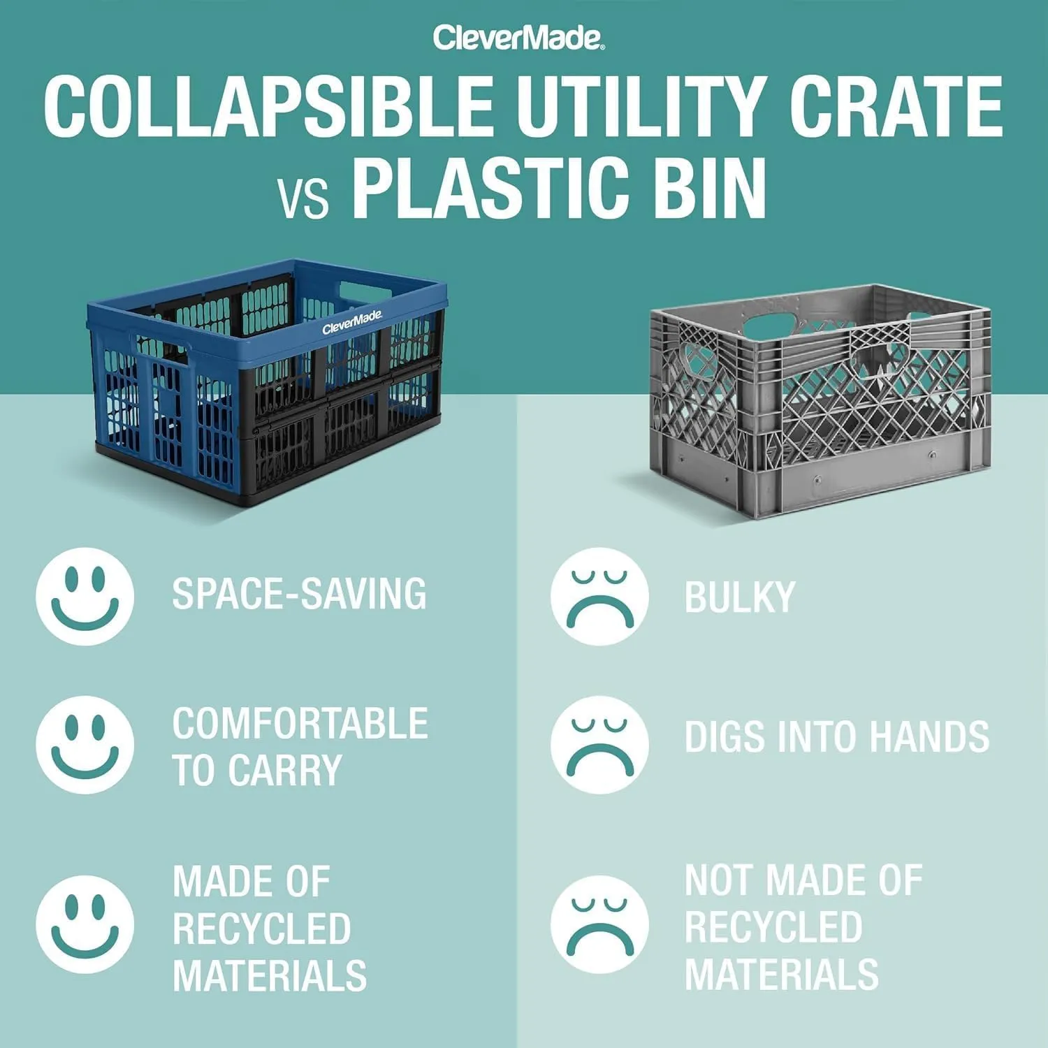 CleverMade Collapsible Utility Crate, Stone, 1PK - 32L (8 Gal) Collapsible Storage Bins, Holds 40lbs Per Bin - Plastic Stackable Grated Wall Utility Containers, CleverCrates Baskets