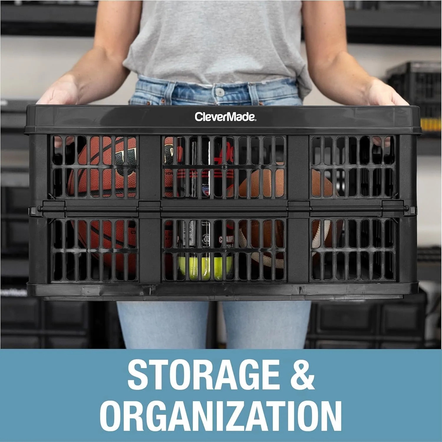 CleverMade Collapsible Utility Crate, Stone, 1PK - 32L (8 Gal) Collapsible Storage Bins, Holds 40lbs Per Bin - Plastic Stackable Grated Wall Utility Containers, CleverCrates Baskets