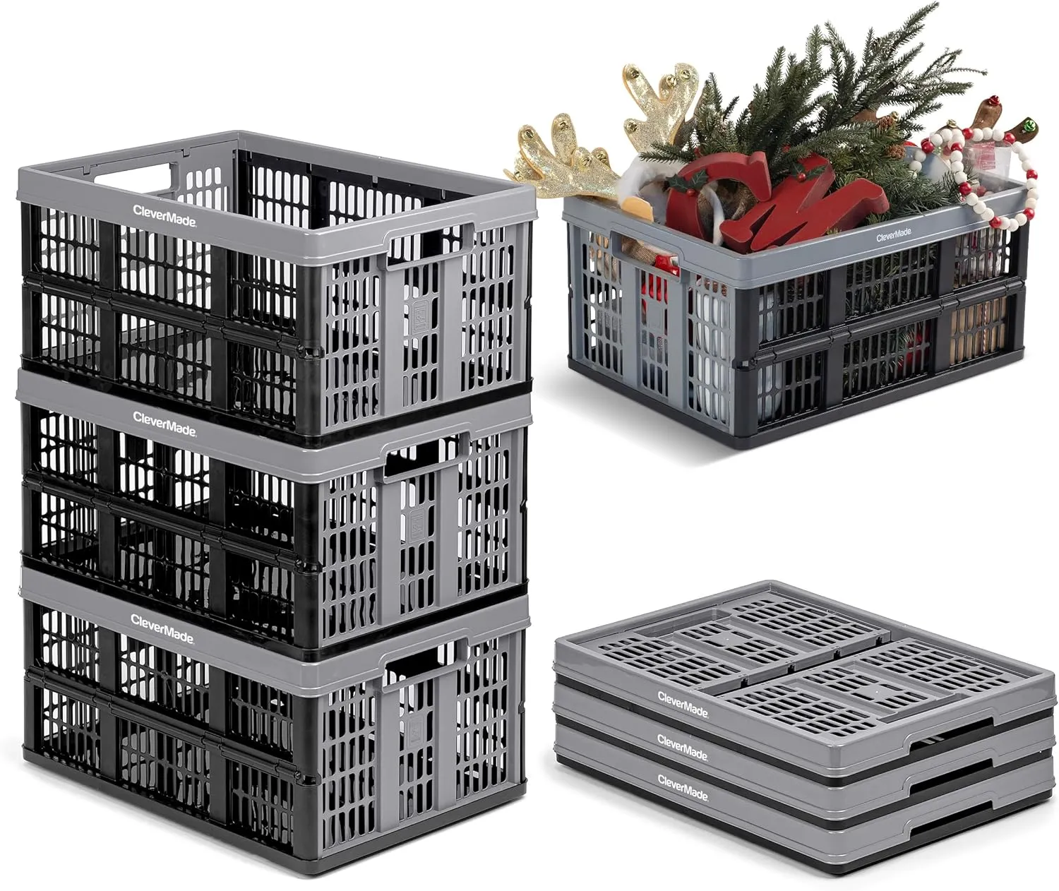 CleverMade Collapsible Utility Crate, Stone, 1PK - 32L (8 Gal) Collapsible Storage Bins, Holds 40lbs Per Bin - Plastic Stackable Grated Wall Utility Containers, CleverCrates Baskets