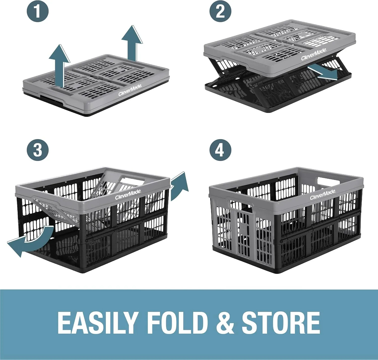 CleverMade Collapsible Utility Crate, Stone, 1PK - 32L (8 Gal) Collapsible Storage Bins, Holds 40lbs Per Bin - Plastic Stackable Grated Wall Utility Containers, CleverCrates Baskets