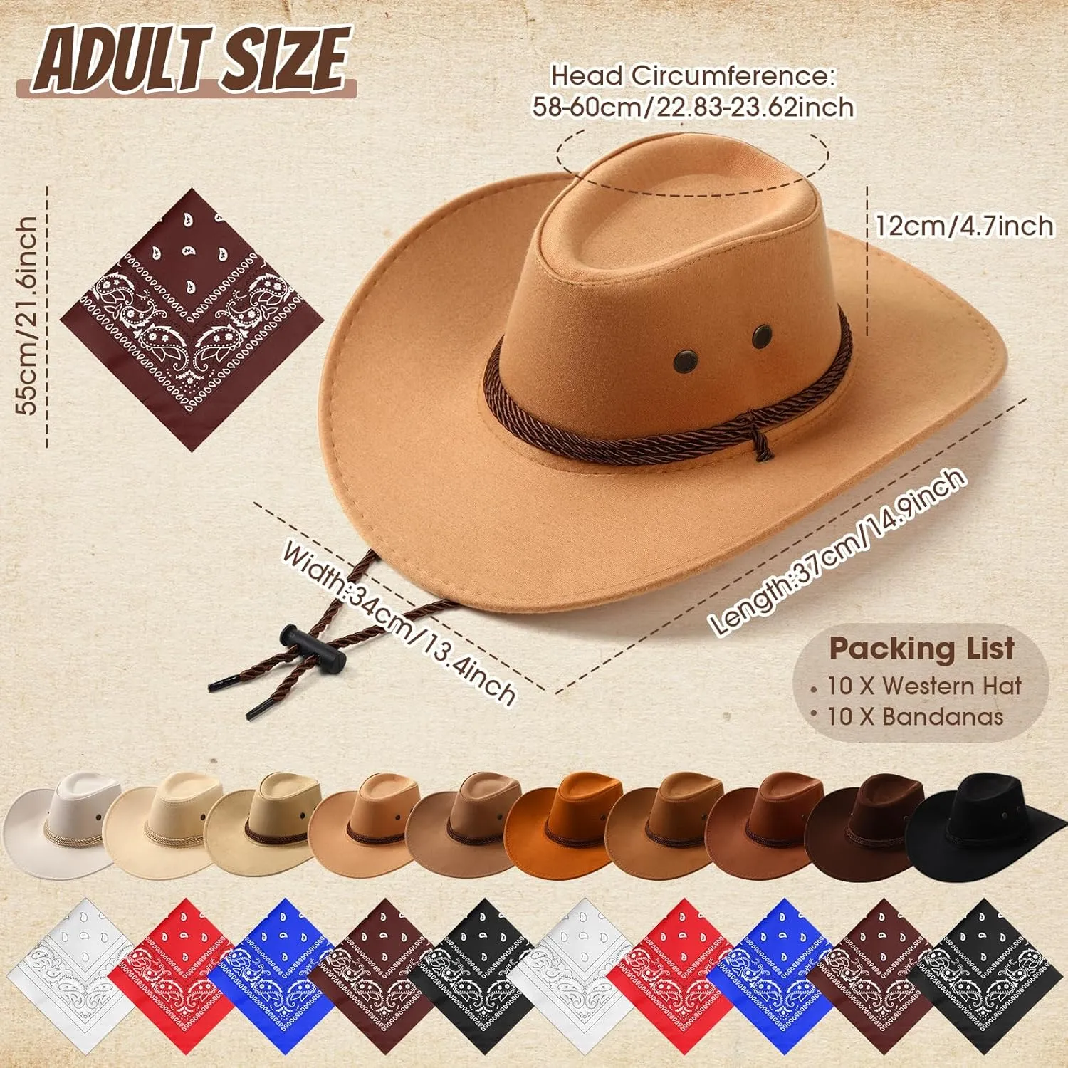 Coume 10 Set Cowboy Hat and Bandana for Women Men 10 Cowgirl Cowboy Hat Bulk 10 Western Bandanas for Adult Costume Party