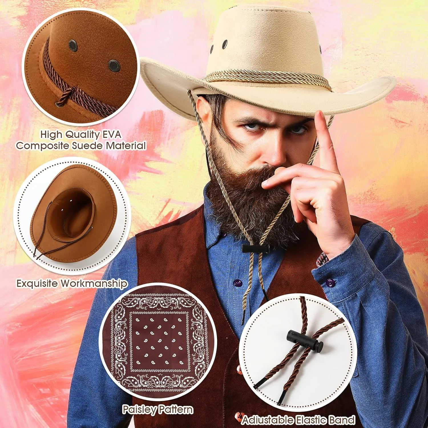 Coume 10 Set Cowboy Hat and Bandana for Women Men 10 Cowgirl Cowboy Hat Bulk 10 Western Bandanas for Adult Costume Party