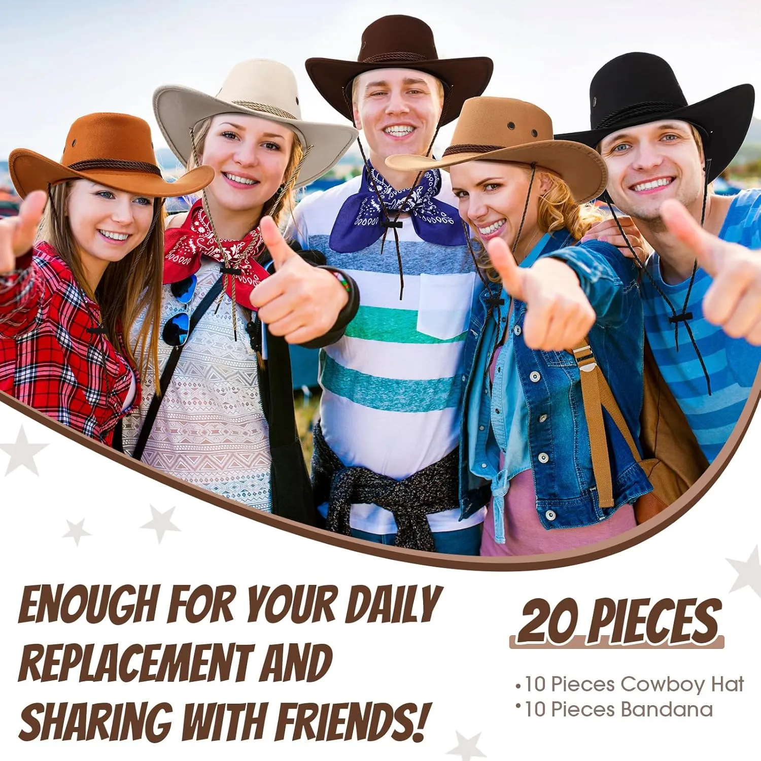 Coume 10 Set Cowboy Hat and Bandana for Women Men 10 Cowgirl Cowboy Hat Bulk 10 Western Bandanas for Adult Costume Party