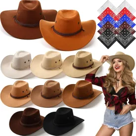 Coume 10 Set Cowboy Hat and Bandana for Women Men 10 Cowgirl Cowboy Hat Bulk 10 Western Bandanas for Adult Costume Party