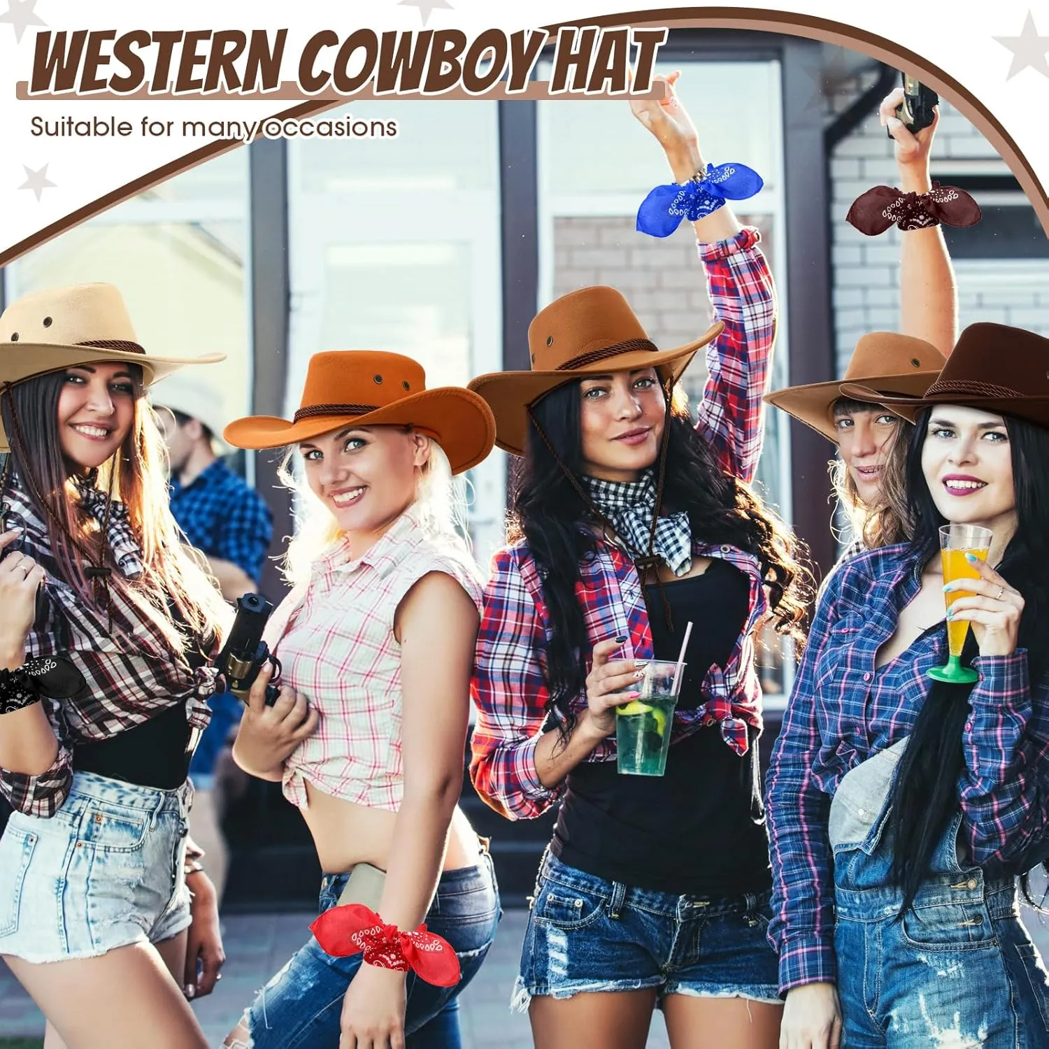 Coume 10 Set Cowboy Hat and Bandana for Women Men 10 Cowgirl Cowboy Hat Bulk 10 Western Bandanas for Adult Costume Party