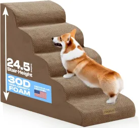 Curved Dog Stairs for High Bed Up to 30", 5-Step Dog Ramp for Small Dogs with Washable Cover, Non-Slip Steps for Cats to Get on Couch and Sofa, Durable Foam Ladders for Medium Breeds, Coffee