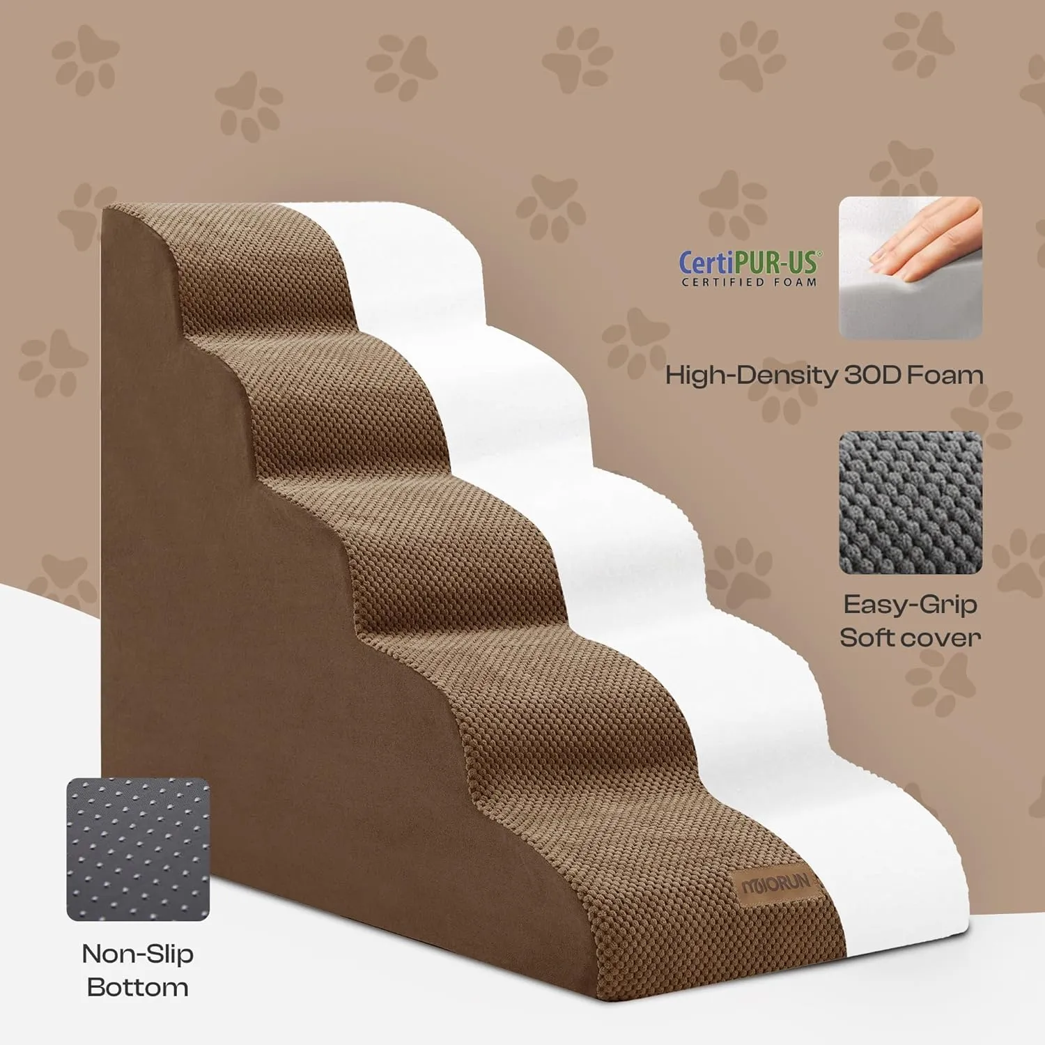 Curved Dog Stairs for High Bed Up to 30", 5-Step Dog Ramp for Small Dogs with Washable Cover, Non-Slip Steps for Cats to Get on Couch and Sofa, Durable Foam Ladders for Medium Breeds, Coffee