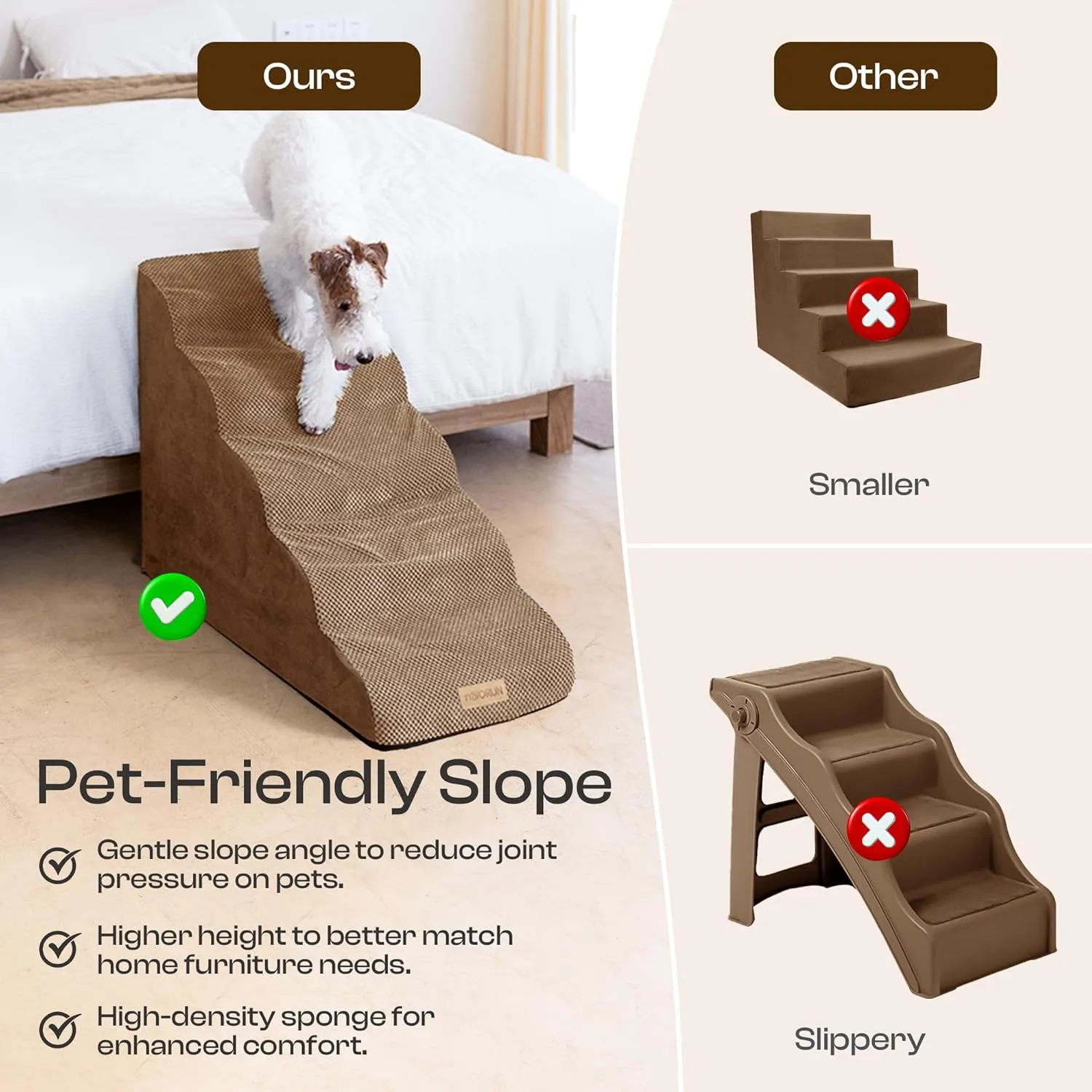 Curved Dog Stairs for High Bed Up to 30", 5-Step Dog Ramp for Small Dogs with Washable Cover, Non-Slip Steps for Cats to Get on Couch and Sofa, Durable Foam Ladders for Medium Breeds, Coffee