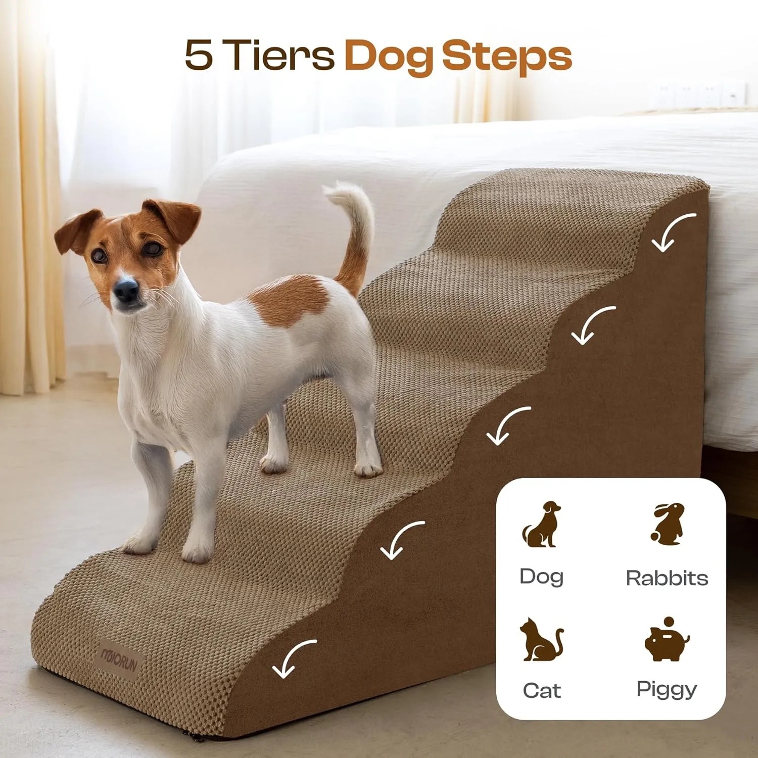 Curved Dog Stairs for High Bed Up to 30", 5-Step Dog Ramp for Small Dogs with Washable Cover, Non-Slip Steps for Cats to Get on Couch and Sofa, Durable Foam Ladders for Medium Breeds, Coffee