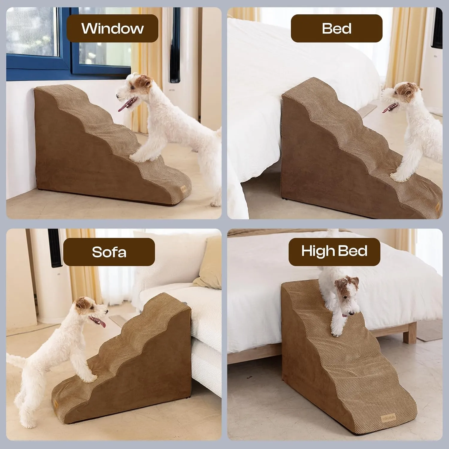 Curved Dog Stairs for High Bed Up to 30", 5-Step Dog Ramp for Small Dogs with Washable Cover, Non-Slip Steps for Cats to Get on Couch and Sofa, Durable Foam Ladders for Medium Breeds, Coffee