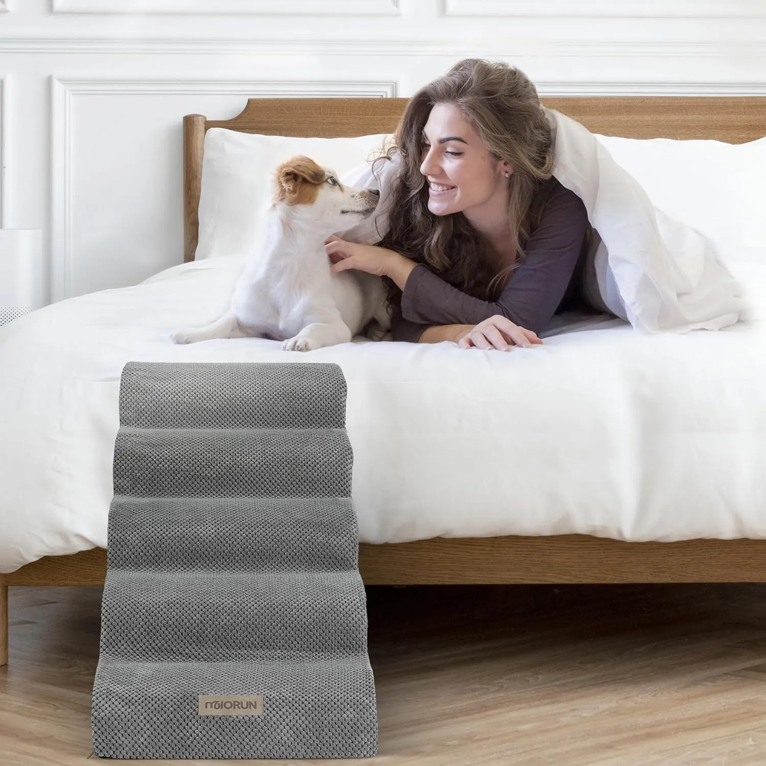 Curved Dog Stairs for High Bed Up to 30", 5-Step Dog Ramp for Small Dogs with Washable Cover, Non-Slip Steps for Cats to Get on Couch and Sofa, Durable Foam Ladders for Medium Breeds, Coffee