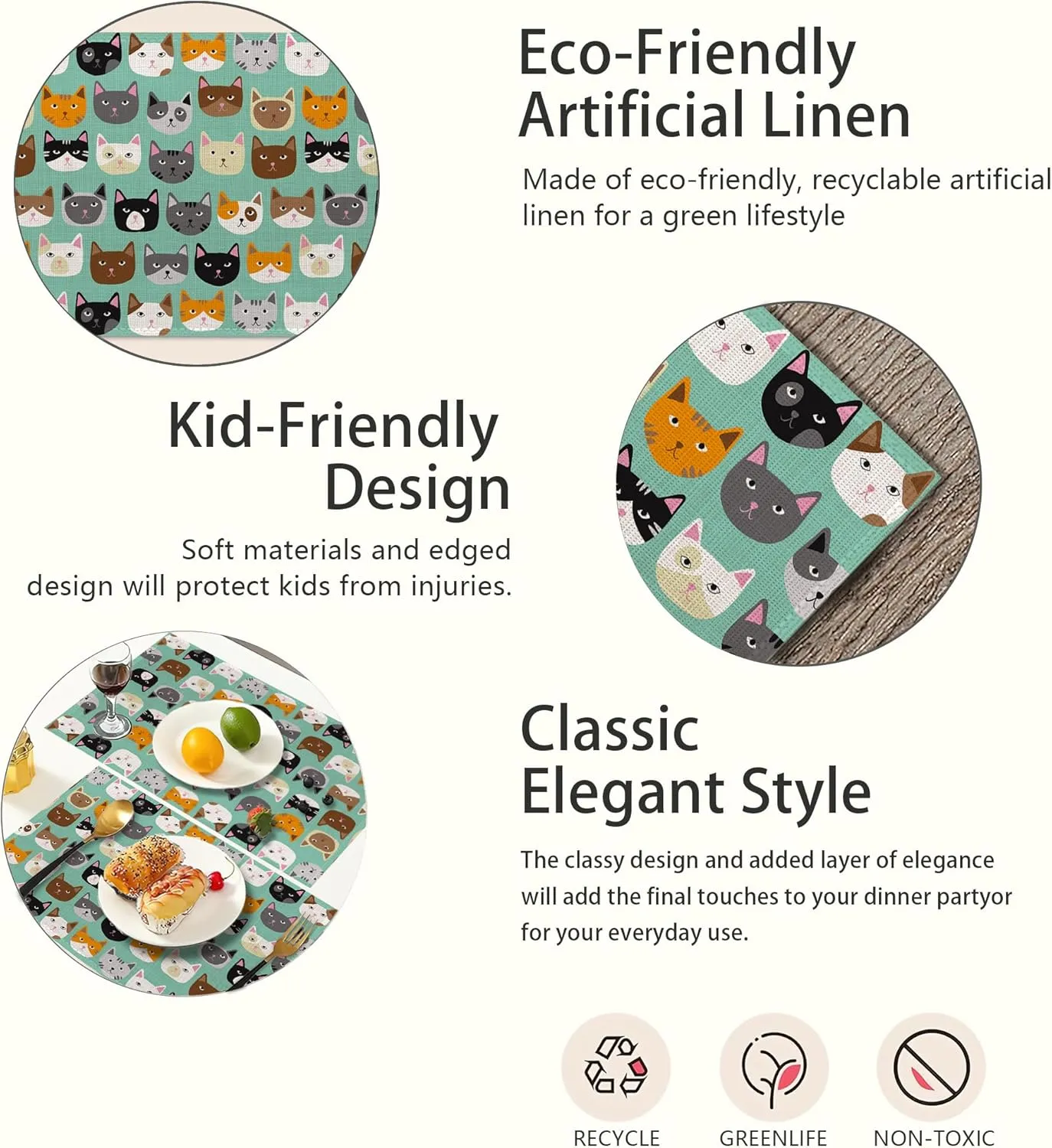 Cute Cat Placemats Set of 6, Waterproof Non-Slip Washable Table Mats Set for Kitchen Dining Holiday Party Wedding Decor 12x18 Inch