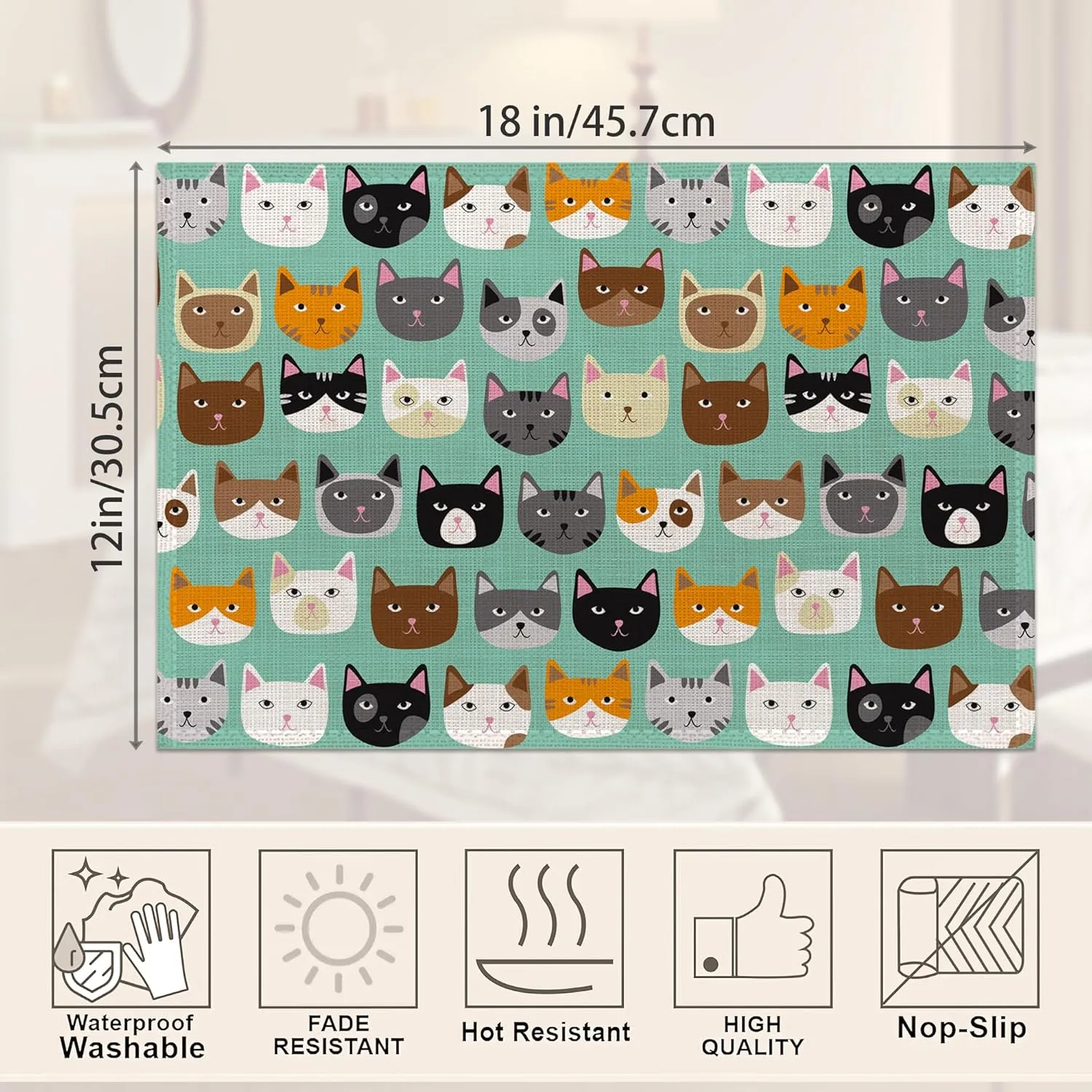 Cute Cat Placemats Set of 6, Waterproof Non-Slip Washable Table Mats Set for Kitchen Dining Holiday Party Wedding Decor 12x18 Inch