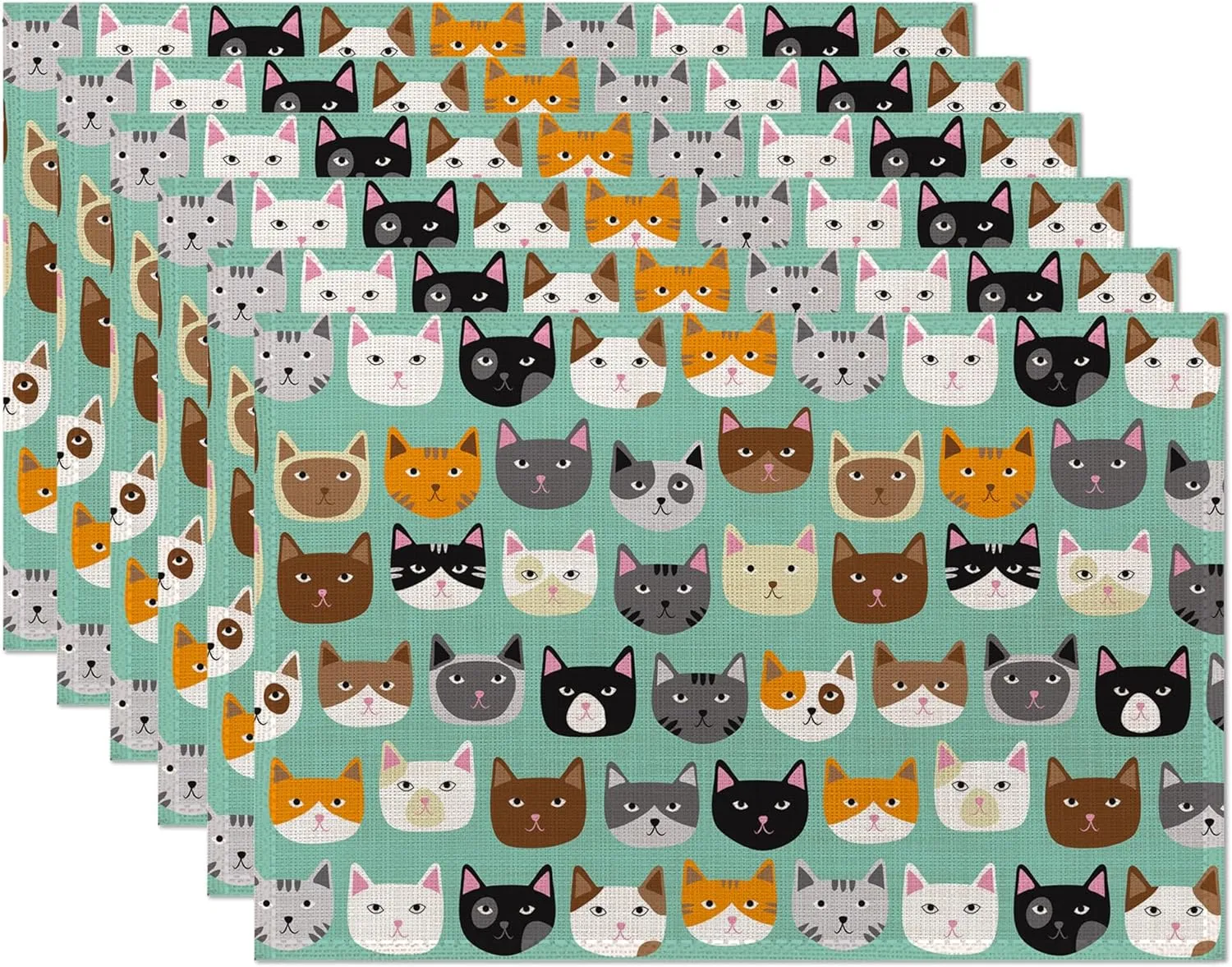 Cute Cat Placemats Set of 6, Waterproof Non-Slip Washable Table Mats Set for Kitchen Dining Holiday Party Wedding Decor 12x18 Inch