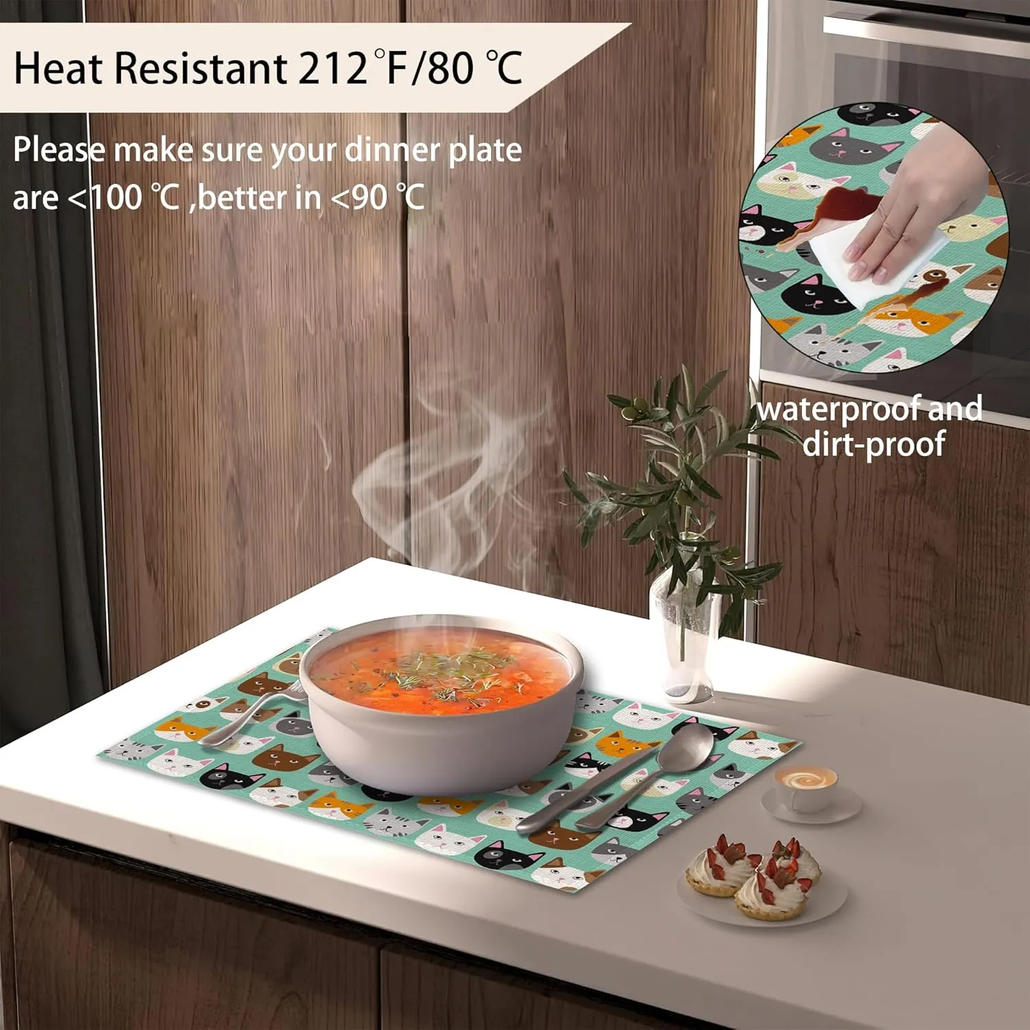 Cute Cat Placemats Set of 6, Waterproof Non-Slip Washable Table Mats Set for Kitchen Dining Holiday Party Wedding Decor 12x18 Inch