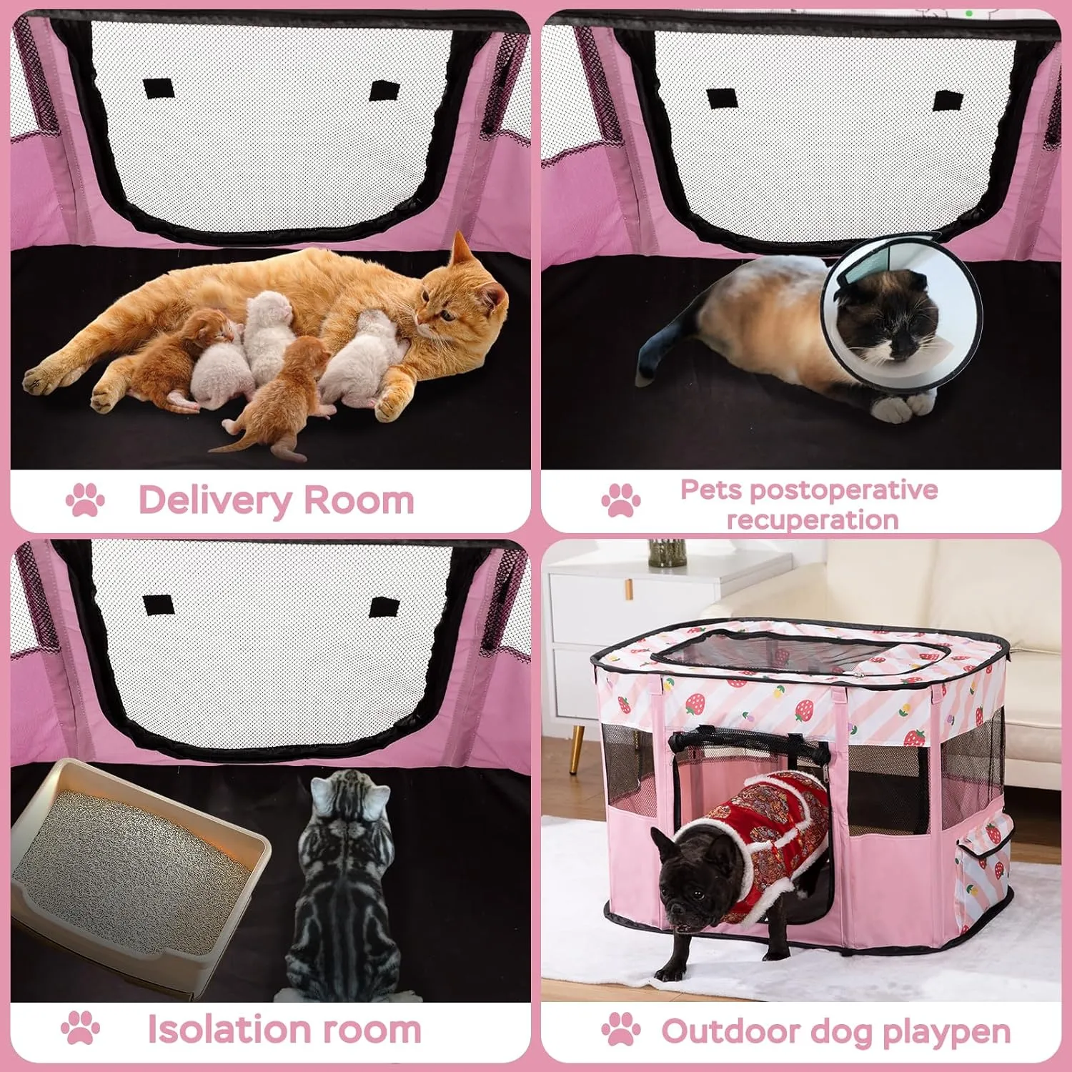Dog and CAT pop Play Pen,Pets Houses for Dogs and Cats,Indoor&Outdoor Exercise Pen Dog Tent Puppy Playground Large (L, Pink)