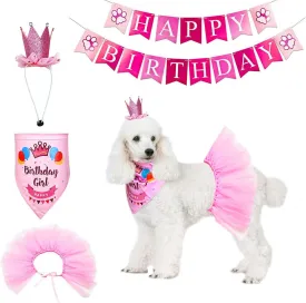 Dog Birthday Bandana Girl - Birthday Dog Party Supplies - Pink Tutu Skirt Crown Hat Scarf Happy Birthday Banner Dog Girl Birthday Outfit for Pet Girl (Pink, Large)
