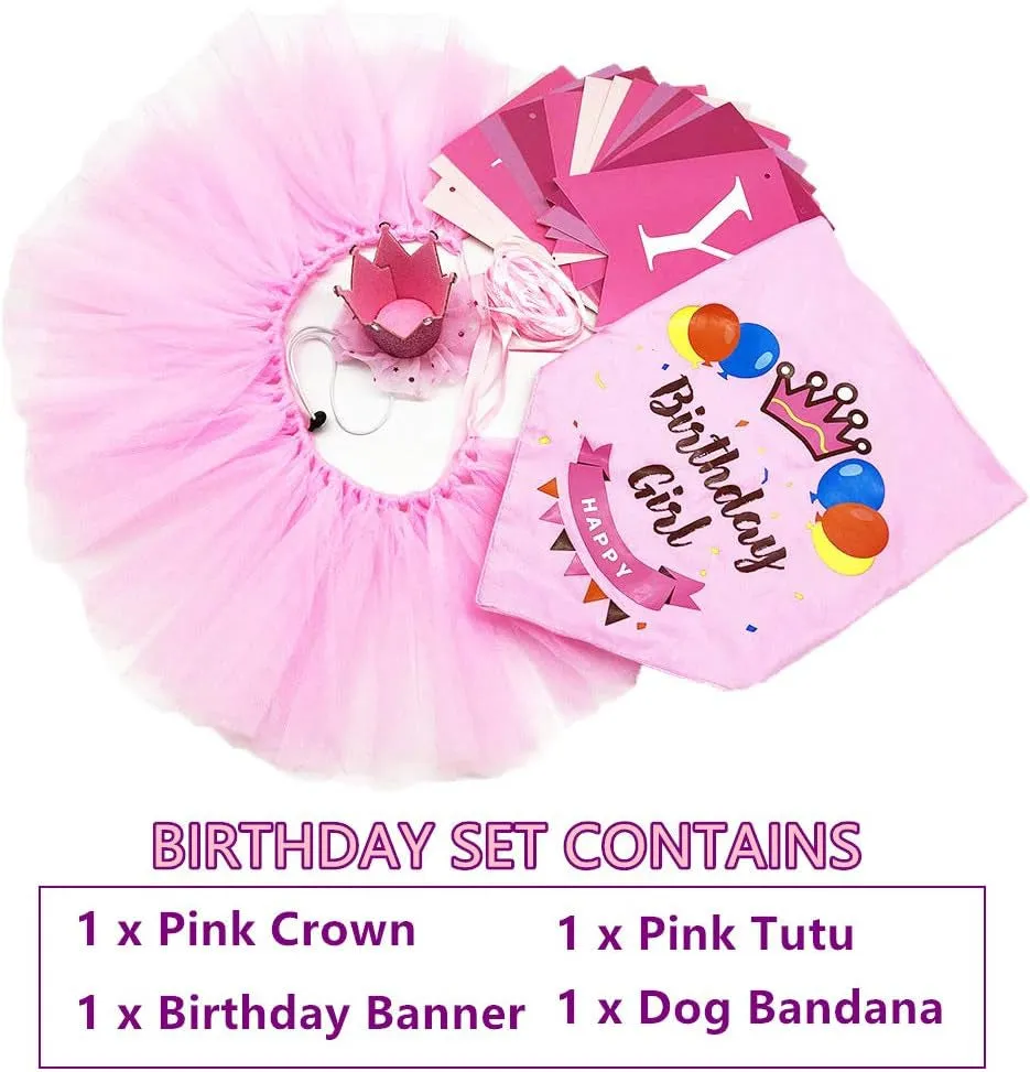 Dog Birthday Bandana Girl - Birthday Dog Party Supplies - Pink Tutu Skirt Crown Hat Scarf Happy Birthday Banner Dog Girl Birthday Outfit for Pet Girl (Pink, Large)