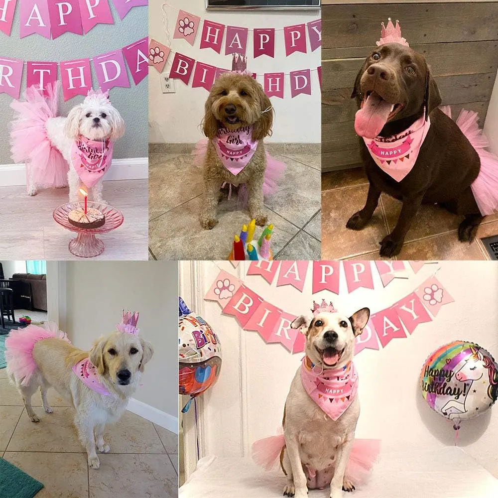 Dog Birthday Bandana Girl - Birthday Dog Party Supplies - Pink Tutu Skirt Crown Hat Scarf Happy Birthday Banner Dog Girl Birthday Outfit for Pet Girl (Pink, Large)
